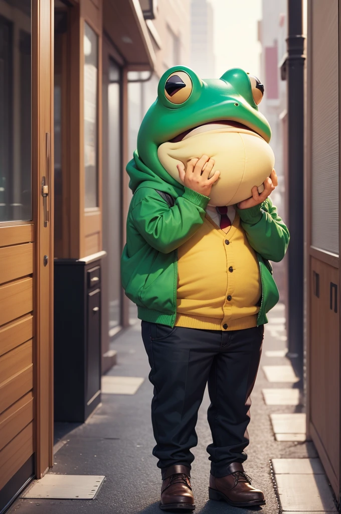 A zaney cartoon frog is dressed for a day of work in the office, along the way he leans on a block building and has a big cry, tears roll down his face