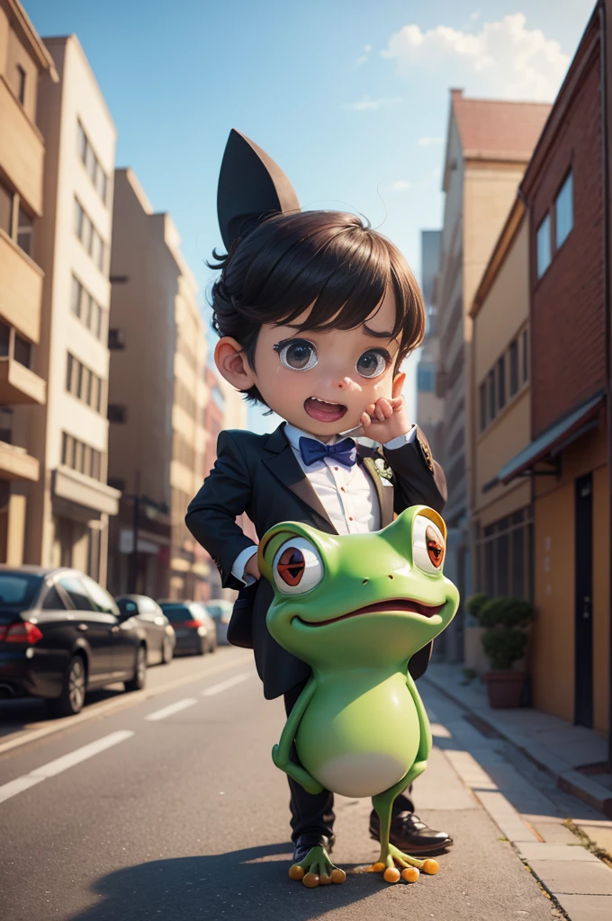 A zaney cartoon frog is dressed for a day of work in the office, along the way he leans on a block building and has a big cry, tears roll down his face