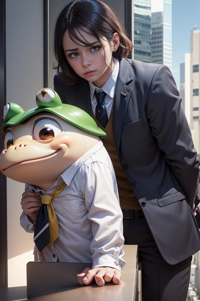 (best quality,4k,highres:1.2),ultra-detailed,(realistic,photorealistic:1.37),cartoon frog,office attire,sad expression,leaning on block building,tears streaming down face,dressed for work,office scenery,stressed-out vibe,dark circles under eyes,colorful,funny,comic style,abstract background,cityscape,suit and tie,computer desk,keyboard,white-collar worker,humorous artwork,dynamic pose,emotional breakdown,mascot character,melancholy,day in the life,urban setting