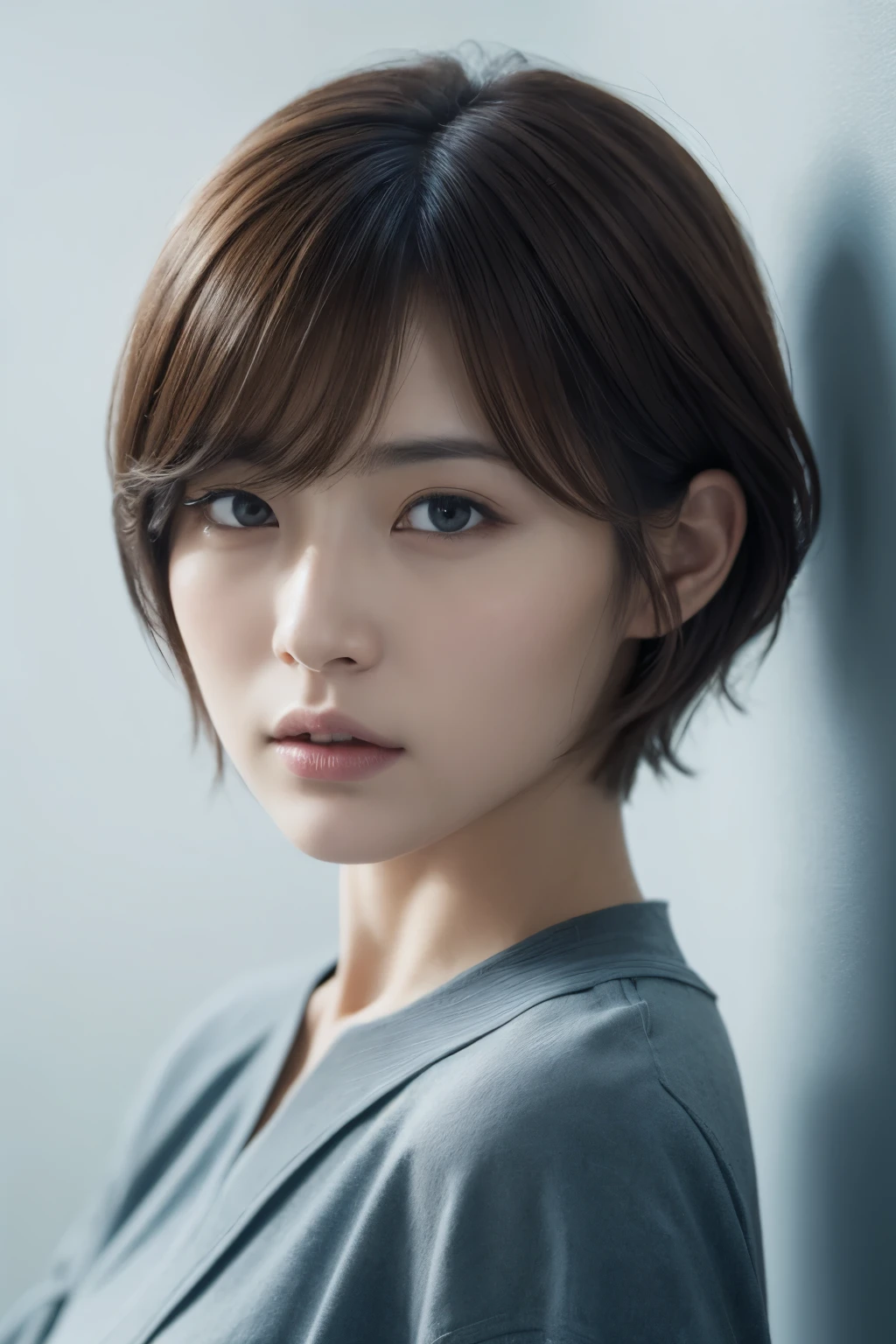 8K, highest quality, masterpiece, High resolution, (realism: 1.4), original photo,28-year-old,1 Japanese female,(realistic skin texture: 1.3), (film grain: 1.3), (Upper body), 1 girl, beautiful eyes and face details, masterpiece, highest quality, profile,very short hair, Upper body, wearing a shirt,((looking at the viewer)),((cool look)),((berry shortcut)),detailed hair, 8k, High resolution, super resolution, great visuals, realistic lighting, photo realism, concrete wall,white background,slightly turned to the side