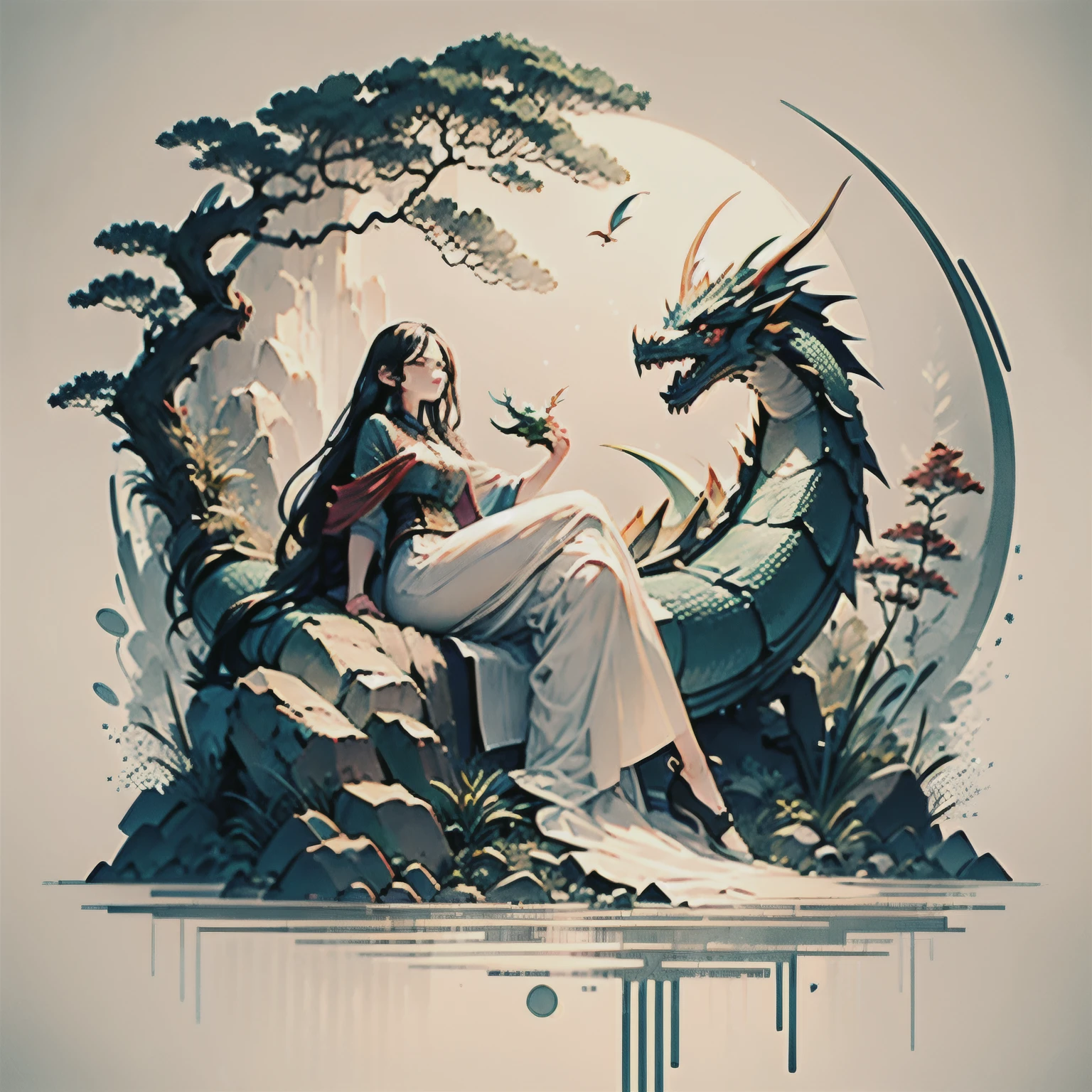 Afared girl, pale, long black hair, sitting on dragon, two more dragons watching