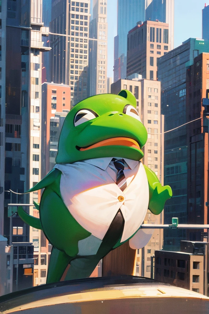 (best quality,4k,highres:1.2),ultra-detailed,(realistic,photorealistic:1.37),cartoon frog,office attire,sad expression,leaning on block building,tears streaming down face,dressed for work,office scenery,stressed-out vibe,dark circles under eyes,colorful,funny,comic style,abstract background,cityscape,suit and tie,computer desk,keyboard,white-collar worker,humorous artwork,dynamic pose,emotional breakdown,mascot character,melancholy,day in the life,urban setting