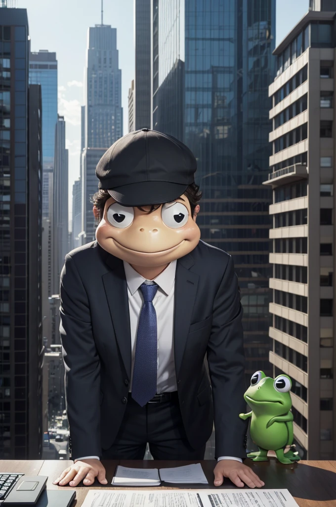 (best quality,4k,highres:1.2),ultra-detailed,(realistic,photorealistic:1.37),cartoon frog,office attire,sad expression,leaning on block building,tears streaming down face,dressed for work,office scenery,stressed-out vibe,dark circles under eyes,colorful,funny,comic style,abstract background,cityscape,suit and tie,computer desk,keyboard,white-collar worker,humorous artwork,dynamic pose,emotional breakdown,mascot character,melancholy,day in the life,urban setting