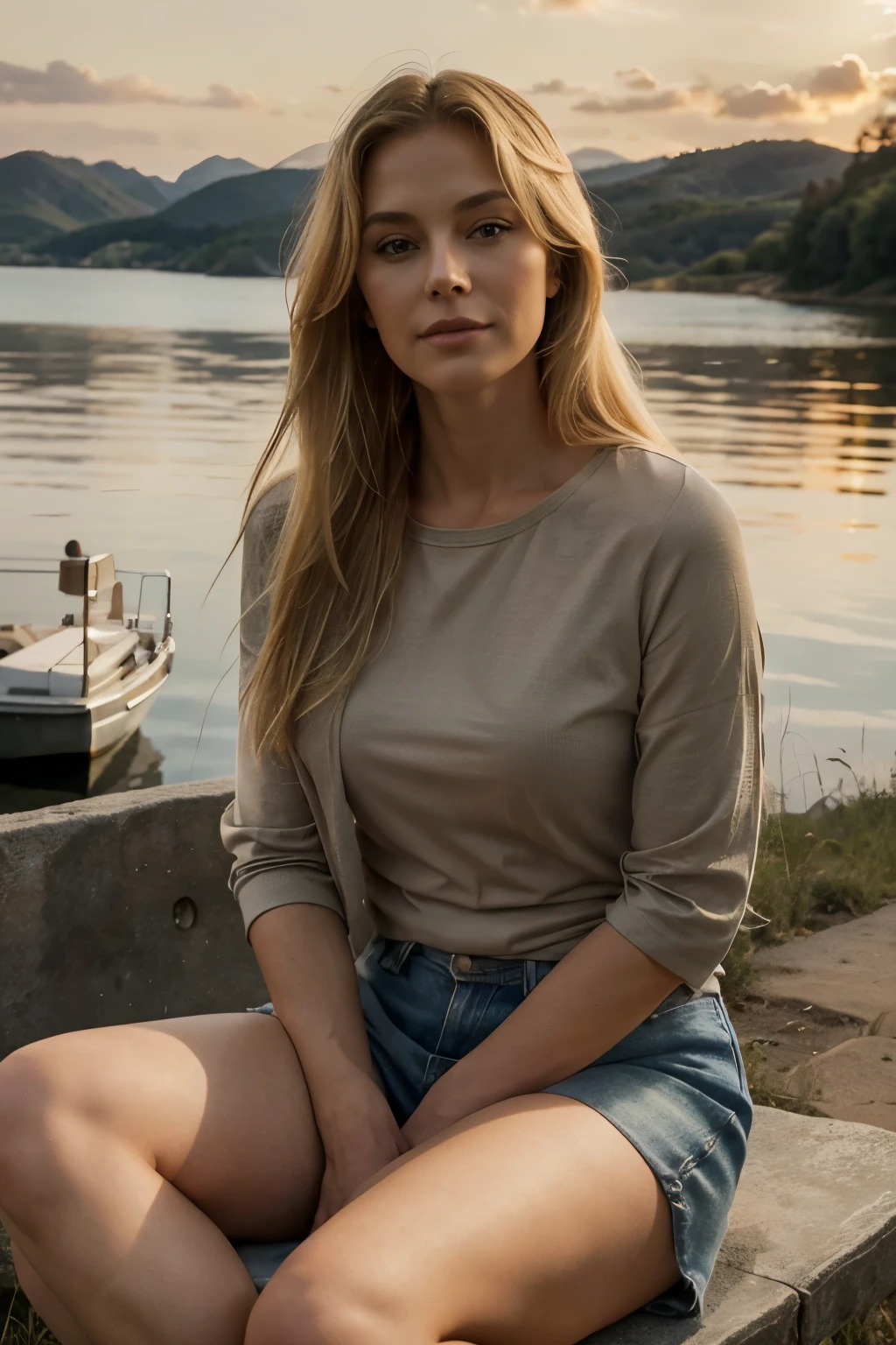 "Describe a mature, 47-year-old blonde woman with medium-length hair, standing at approximately 1.77 meters tall and weighing around 78 kilograms, with well-proportioned features. She is sitting with her legs apart, in a stunning sunset backdrop in the United States. The image captures the serenity and timeless beauty of this woman in harmony with the surrounding nature."