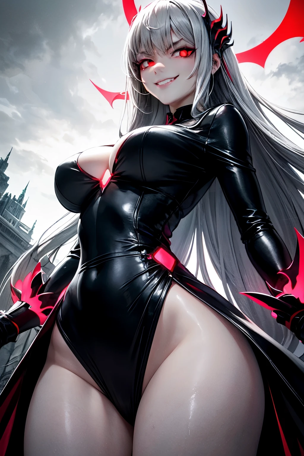 (1 girl, long hair, glowing red eyes, dress, smug face, evil smile, sexy, big ), (gray, gray theme, backlight, fog), facing the viewer, looking at you, view from below
