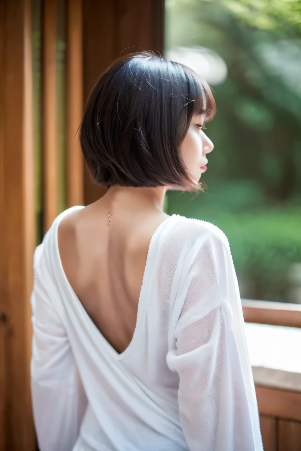 (highest quality、8k、32k、master piece、UHD、:1.2)、(open back long sleeve t-shirt)、(I can see the skin on my back)、)woman posing for a photo, back view, back pose, thick, takes,Return from tone, Differences in shape tone, bob hair、japanese woman、indoor
