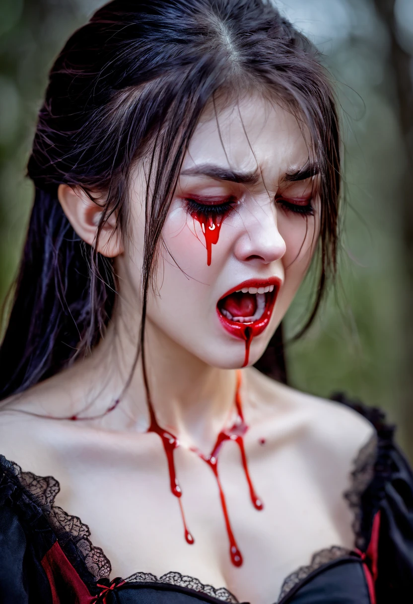 A Vampire Girl with blood crying and hungry