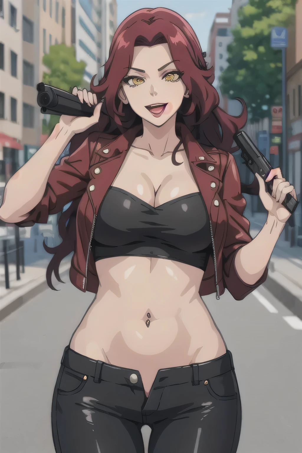 1girl, solo,
, red_hair, yellow eyes, long hair, large breasts, standing, parted lips, mature female, lipstick, red lipstick,
masterpiece, best quality, highly detailed, a girls with a gun, evil smile , open mouth, sexy gaze, badass
pose , evil smile, smile, (nsfw) not safe for work, guns blazing, anime girl with long hair, beautiful long
haired girl, navel, evil expression, exposed belly, exposed navel, exposed midriff, exposed lower belly,
long black pants, crop top, cleavage, unbuttoned leather pants ,open fly, low rise black leather pants,
leather jacket, holding a gun, outdoor,street,road, navel piercing