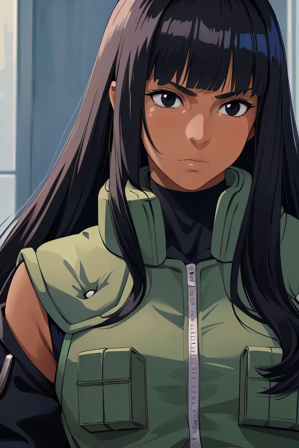 masterpiece, (solo), absurdres, portrait, ((upper body)), detailed background, fine detail, HDR, female, dark skin, bangs, black hair, long hair, messy hair, neutral expression, ninja outfit, black eyes, medium breasts