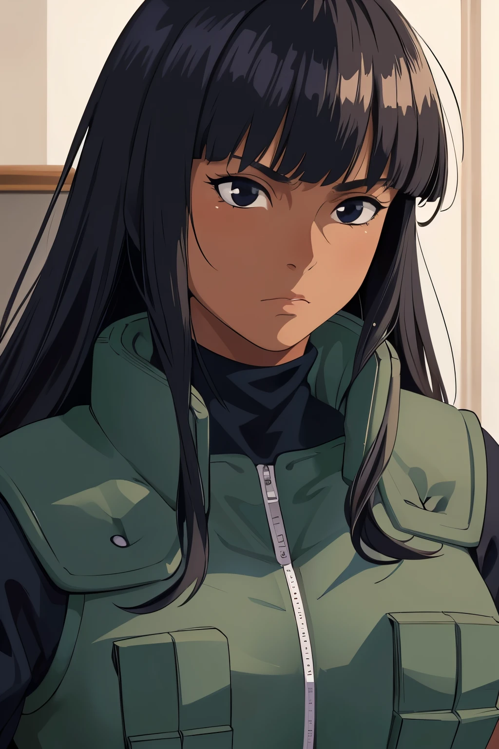 masterpiece, (solo), absurdres, portrait, ((upper body)), detailed background, fine detail, HDR, female, dark skin, bangs, black hair, long hair, messy hair, neutral expression, ninja outfit, black eyes, medium breasts