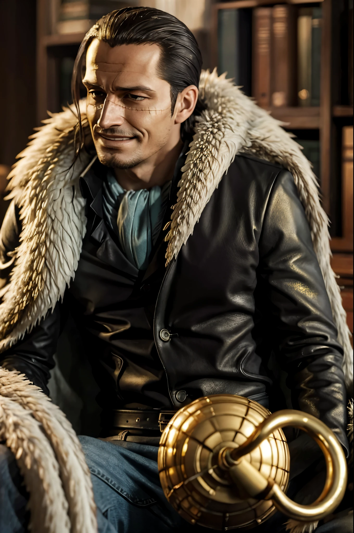 masterpiece, best quality, extremely detailed, hyperrealistic, photorealistic, a cool 40s man, ultra detailed face:1.2, fur-trimmed coat, scarf around the neck, his left hand is a golden pirate hook:1.1, sitting, sly smile, office