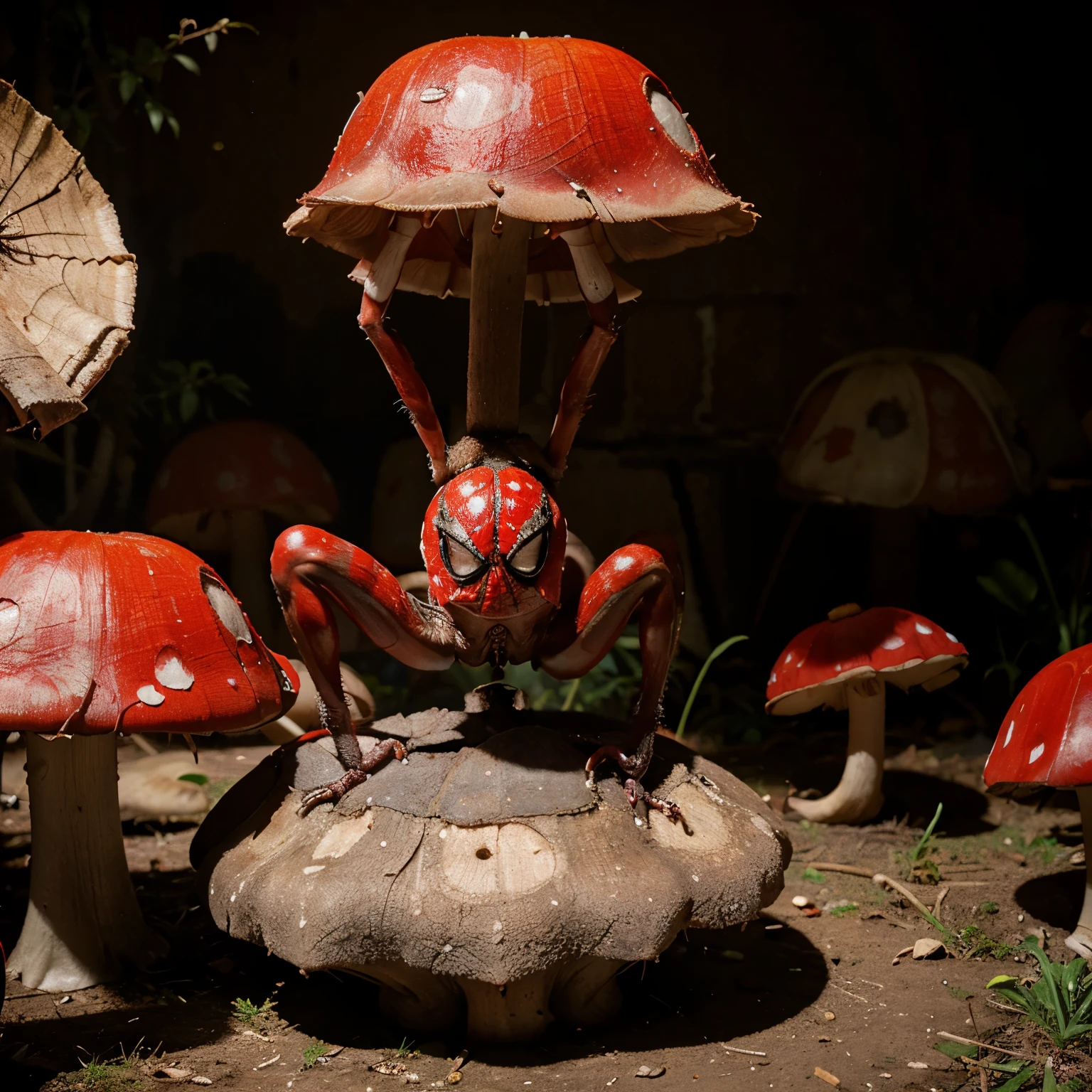 A mutant half spider half red mushroom monster