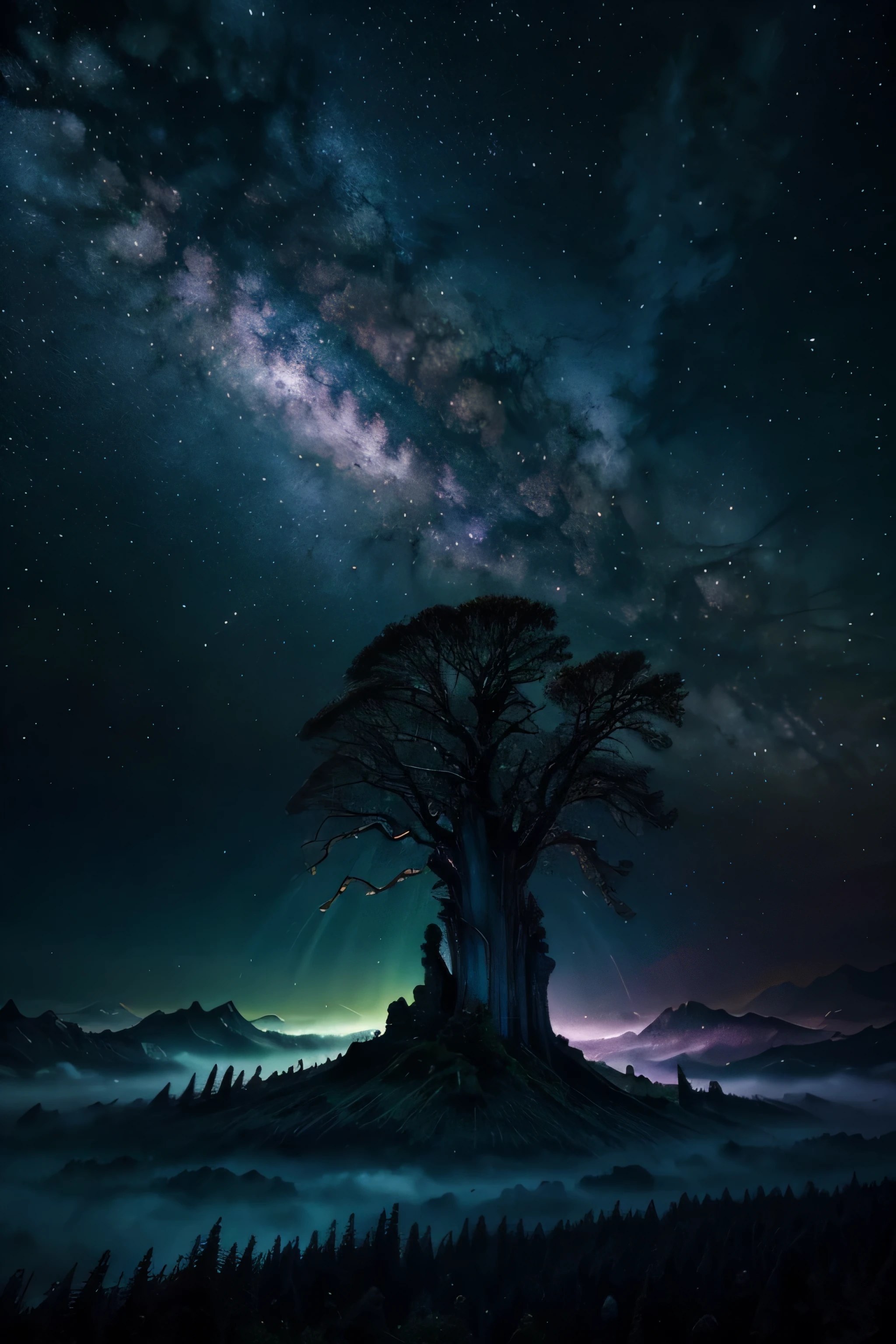 Combine the essence of a serene forest with the vibrant tones of a cosmic nebula. Imagine a surreal dreamscape where ancient trees blend seamlessly with interstellar clouds.. Usa las texturas y los colores para crear una experiencia de otro mundo..