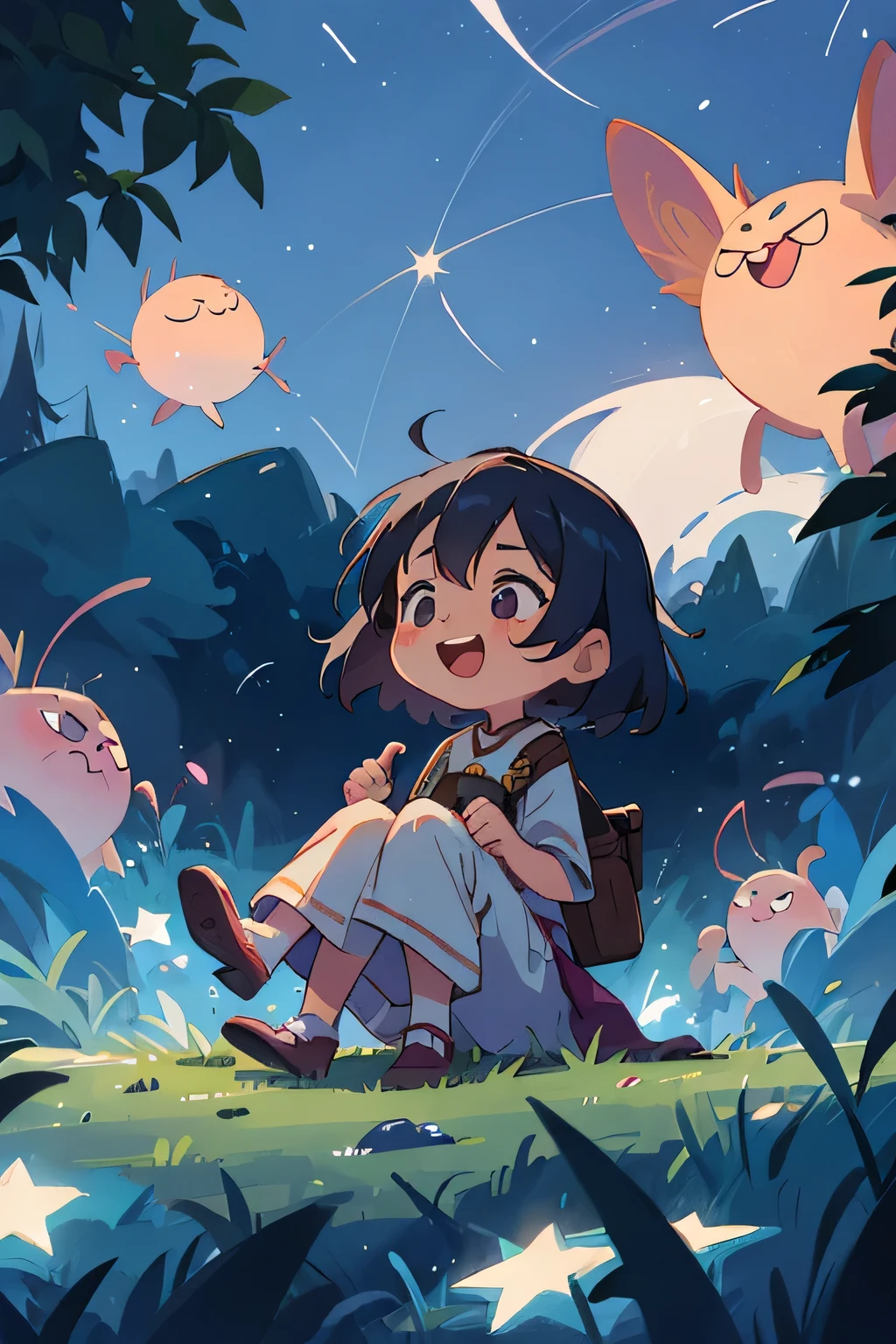 little girl，happy，night，Ha ha，sky full of stars