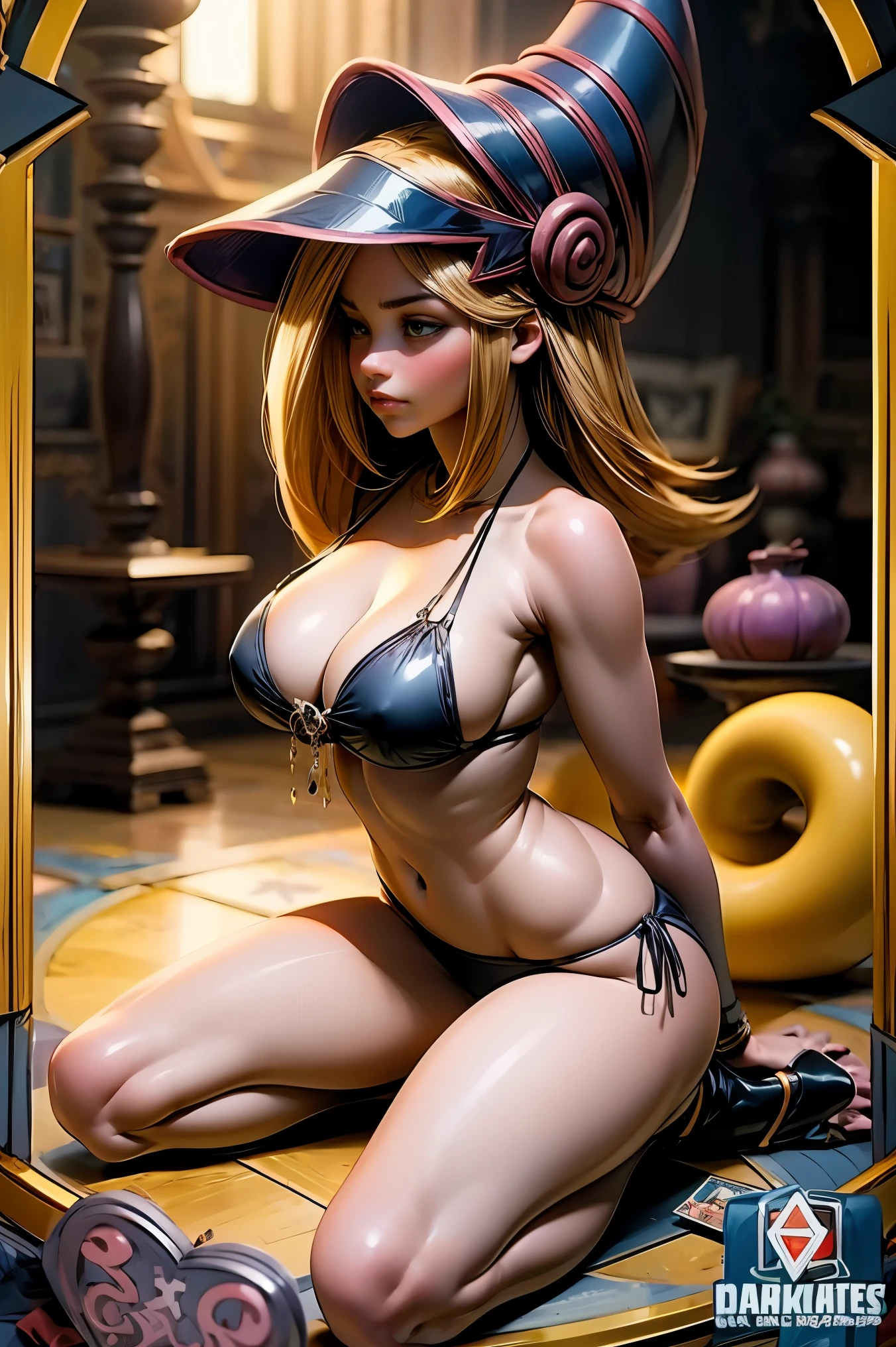 (Obra maestra:1.2), (La mejor calidad:1.2), perfect lighting, Chica Maga Oscura lanzando un hechizo, flotando en el aire, tetas grandes, escote, fondo de magia. Corazones transparente en el hambiente, bata azul, sombrero grande, desde arriba, Destellos, Yugioh Card en el fondo. En tacones y en bikini 