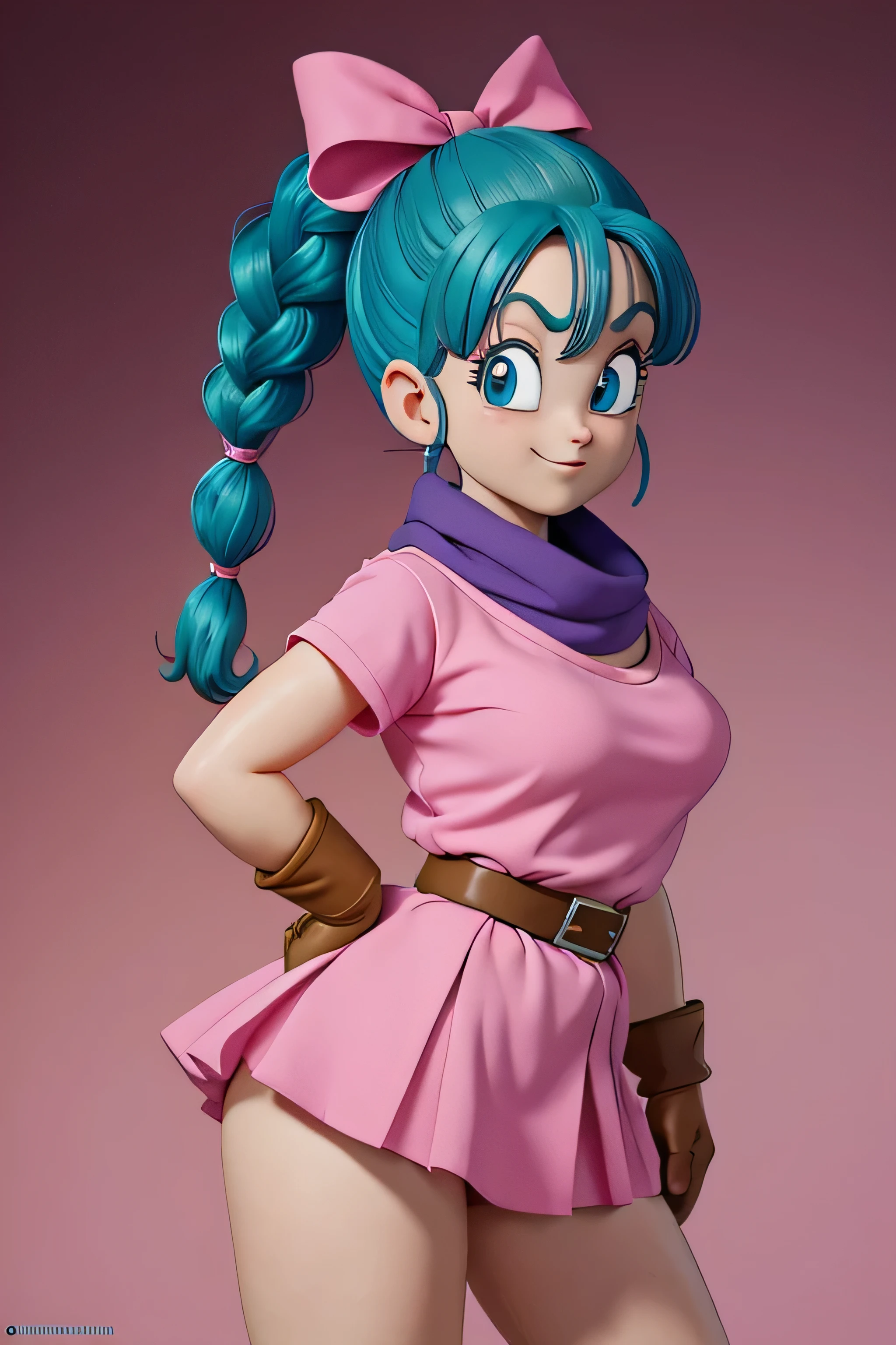 masterpiece, best quality, high resolution, dragon ball, blmpony, aqua hair, hair ribbon, braided ponytail, pink shirt, belt, scarf, pink skirt, clothes writing, brown gloves, medium breasts, in back pose, back wards looking camera, smile, show her booty, show ass, ultra mini dress,Anime,bulma (WIND LIFTING HER SKIRT) (detailed:1.3), ultra high res, ultra detailed, Highly detailed face and skin texture, detailed eyes ( FULL BODY) 1girl.