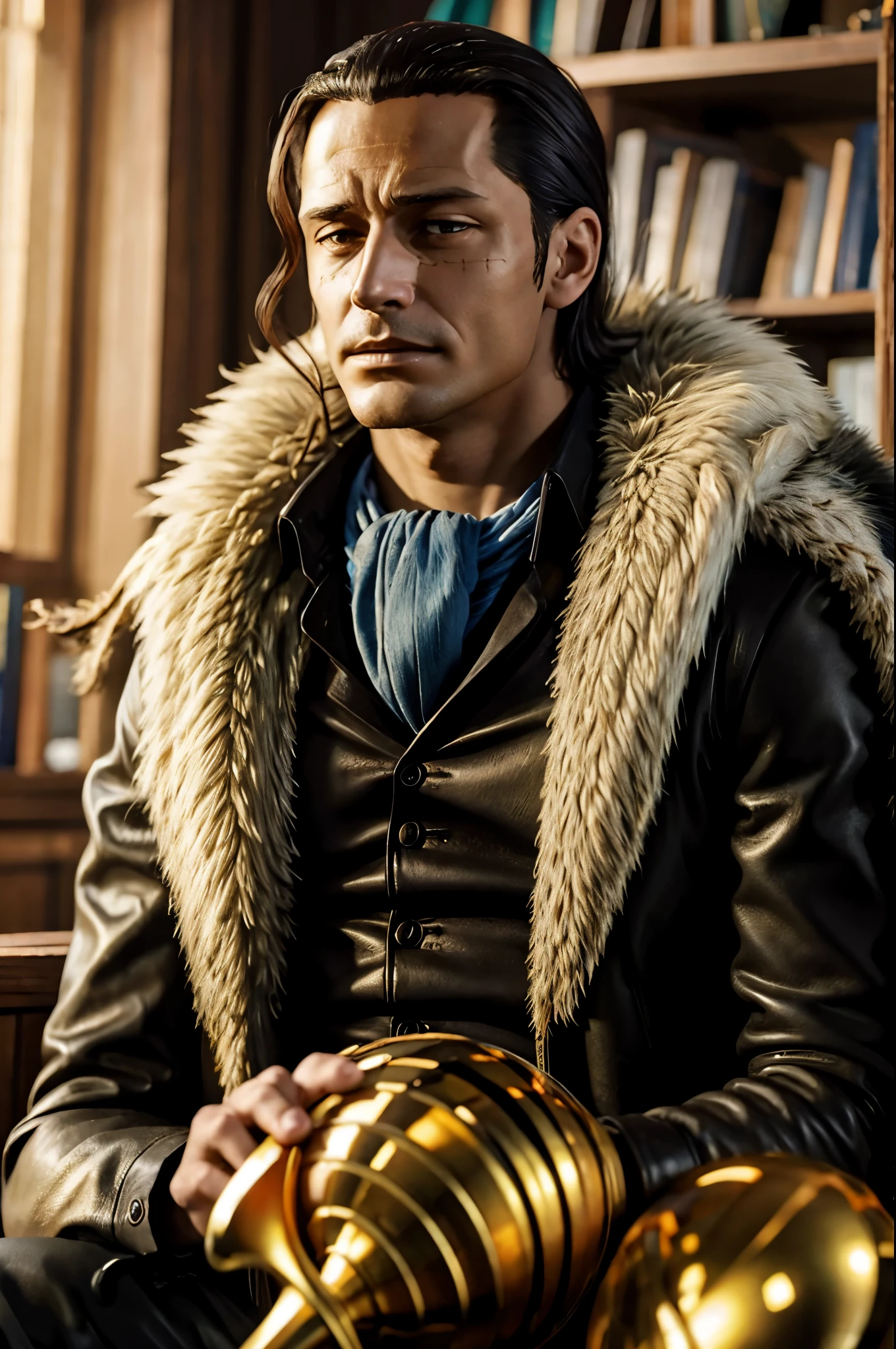 masterpiece, best quality, extremely detailed, hyperrealistic, photorealistic, a cool 40s man, ultra detailed face:1.2, fur-trimmed coat, scarf around the neck, his left hand is a golden pirate hook:1.1, sitting, disapointed, office