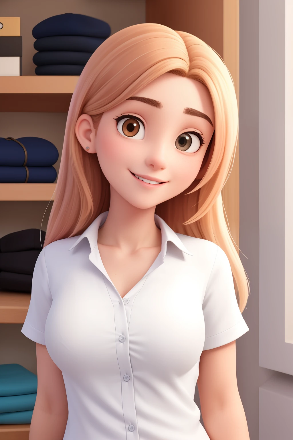 Uma mulher de 22 anos, trabalhando no closet cabelo castanho escuro, Rosto redondo, sorriso encantador, e olhos castanhos e levemente puxados, primeiro o rei, de camisa e trabalhando.