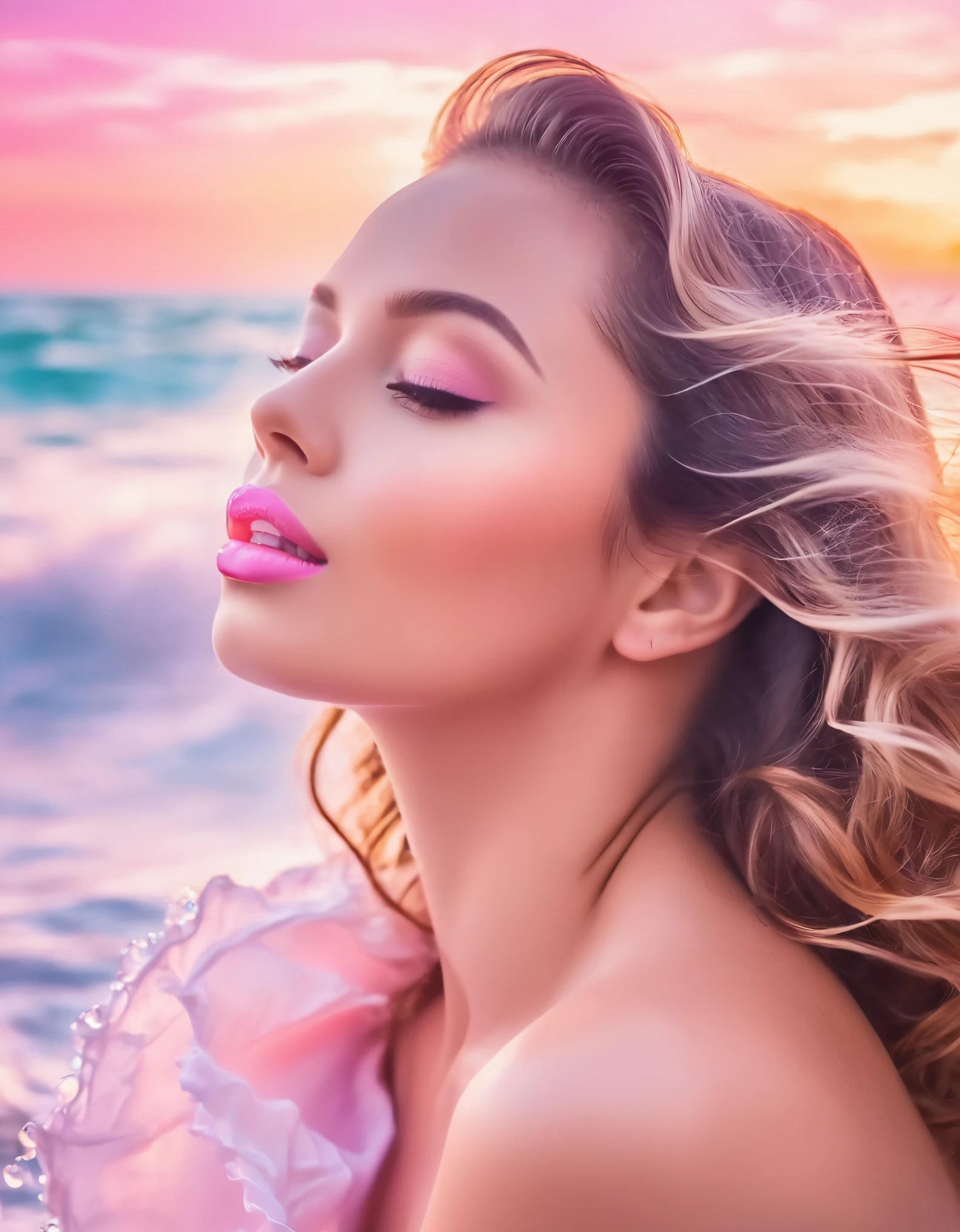 A sensual woman with cascading waves and a soft pink lip color, set against a dreamy pastel sky.