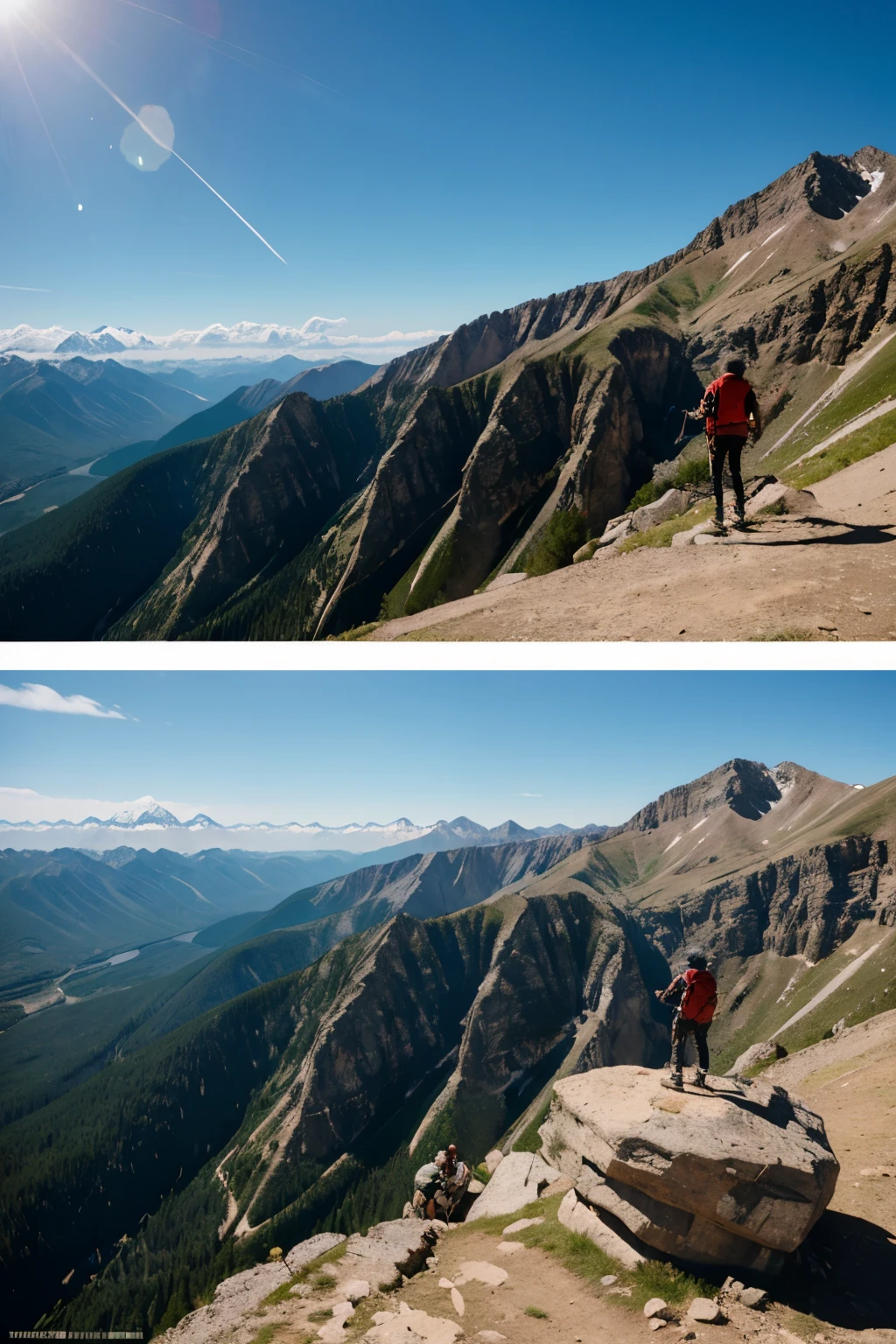 Image: Divided into two parts. On one side, a person struggling to climb a steep, rocky mountain. On the other side, the same person at the top of the mountain, contemplating a panoramic and sunny view.