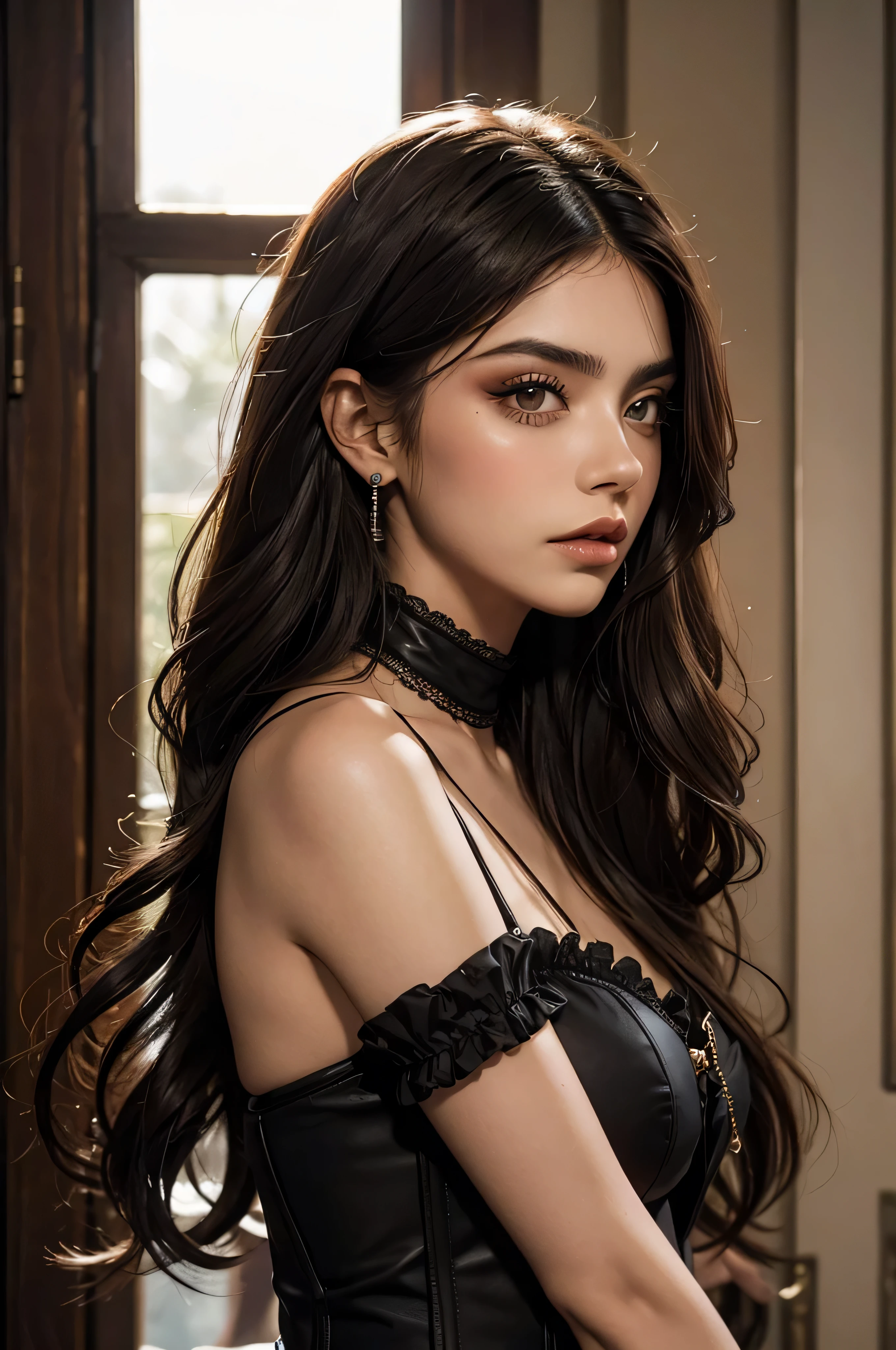 retrato de medio cuerpo, chica voluptuosa, aretes de cruz invertida, cabello largo y ondulado con fleco asimetrico pelirrojo, muy atractiva, corset negro con cierre frontal y detalles de cadenas a los lados, chaqueta de cuero rockera, cara frontal, maquillaje gotico de tonalidades rojizas oscuras, labial de color rojo oscuro, muy detallado