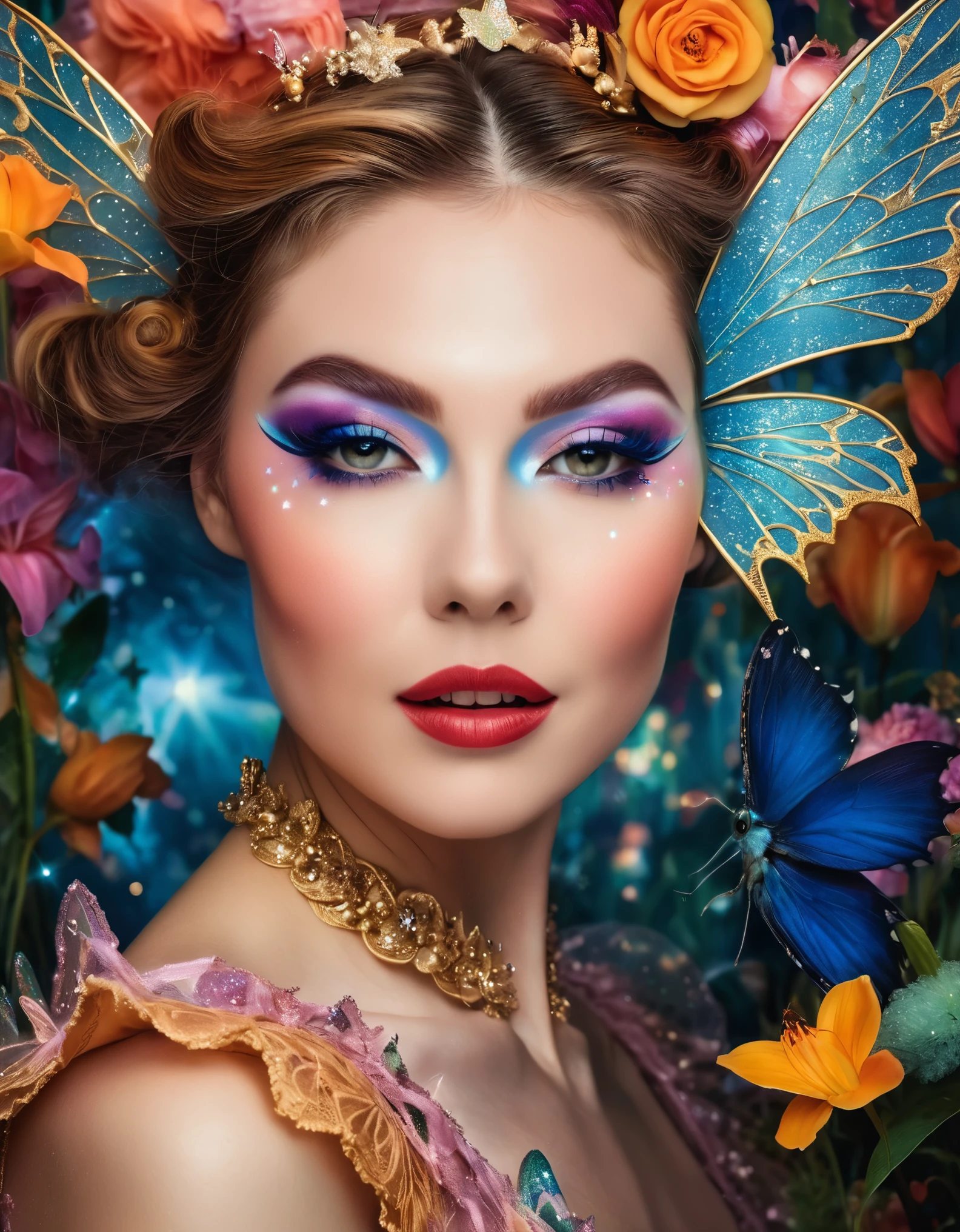 A mesmerizing portrait of a woman with dramatic makeup and a playful wink, surrounded by whimsical fairy tale elements.