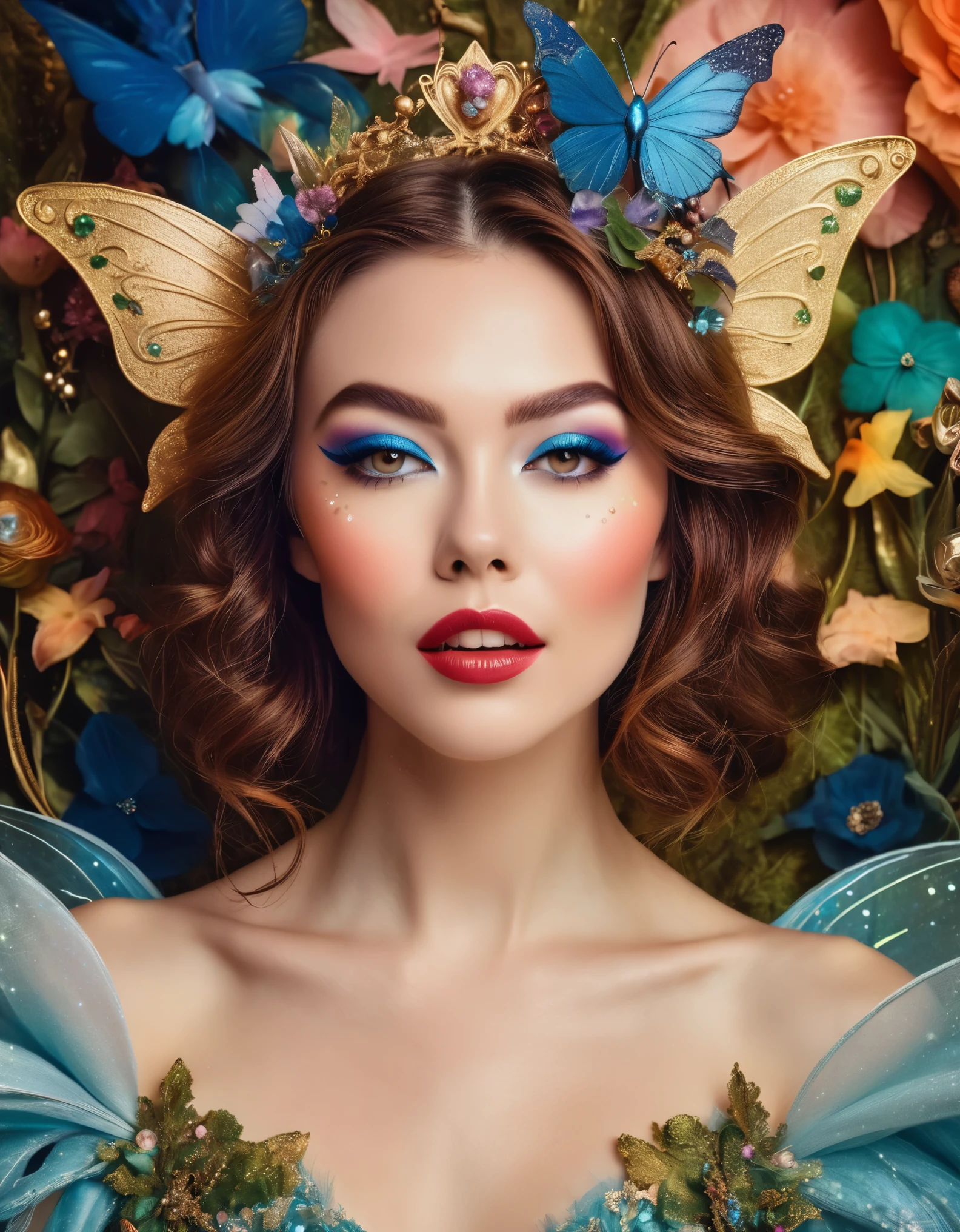 A mesmerizing portrait of a woman with dramatic makeup and a playful wink, surrounded by whimsical fairy tale elements.