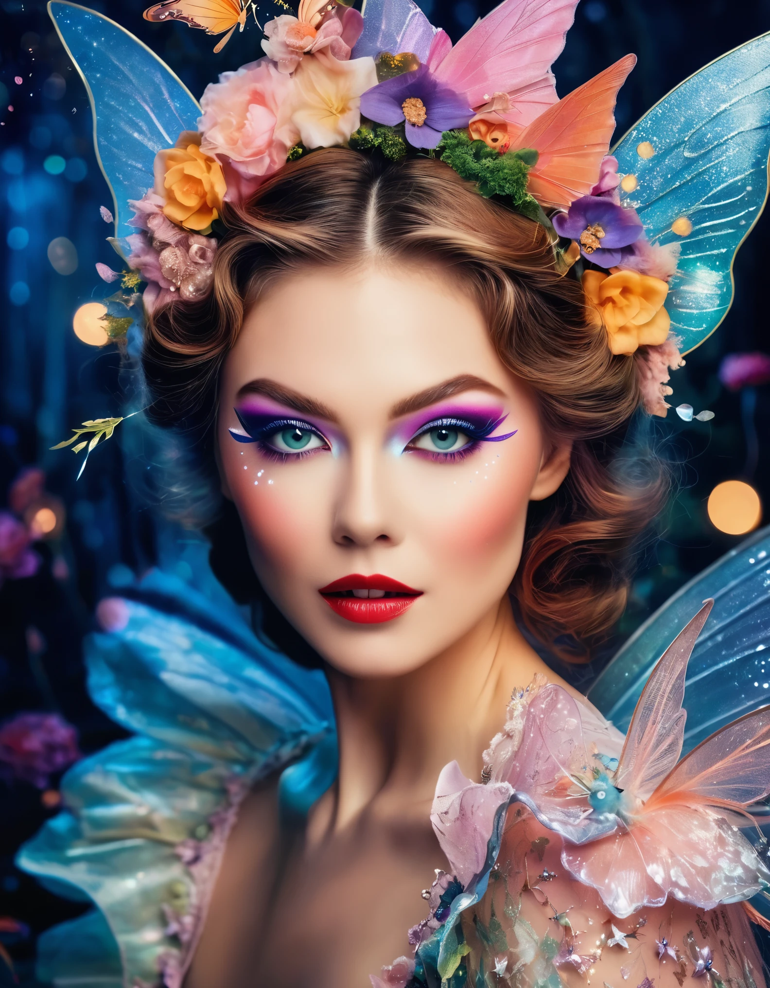 A mesmerizing portrait of a woman with dramatic makeup and a playful wink, surrounded by whimsical fairy tale elements.