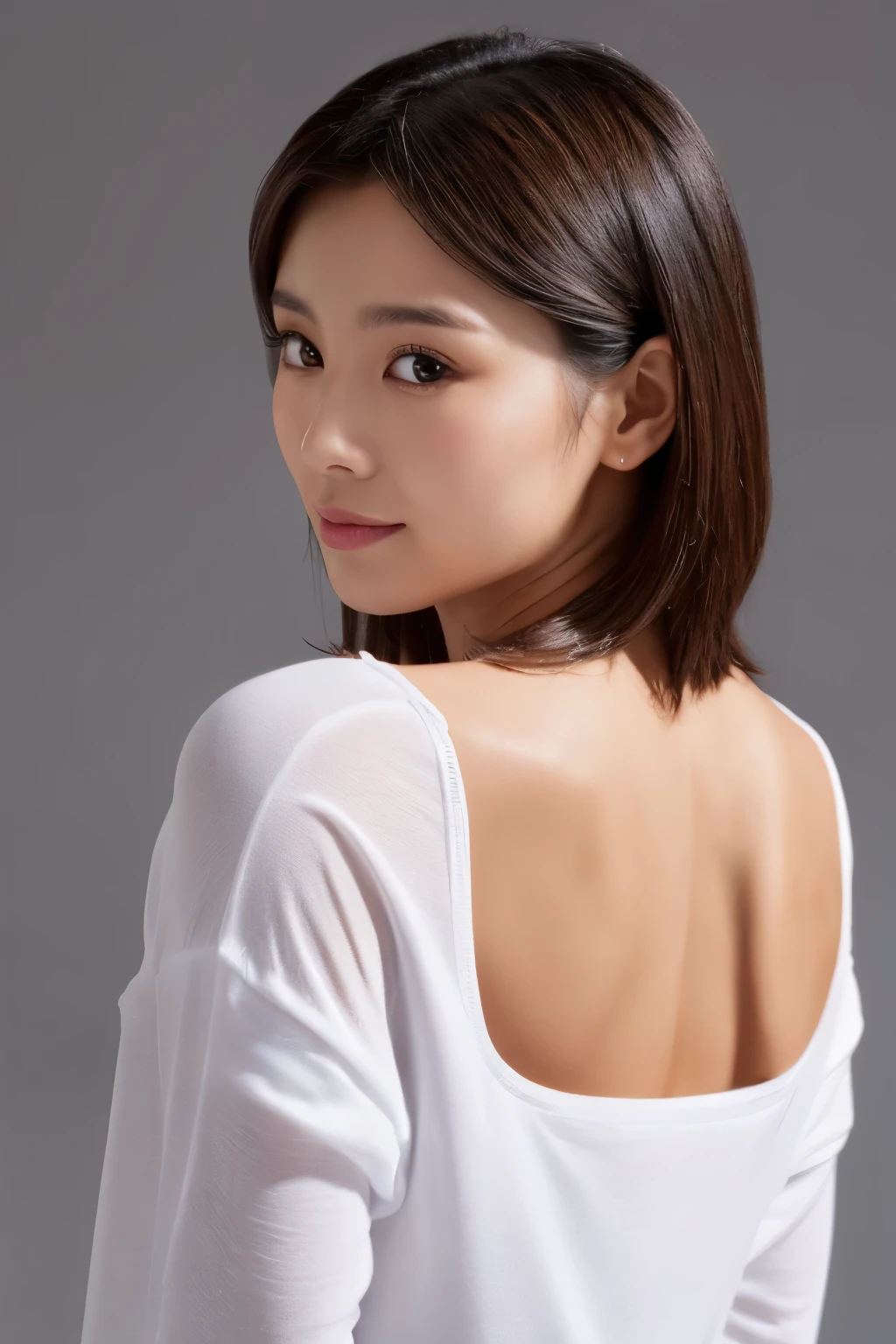 (highest quality、8k、32k、master piece、UHD、:1.2)、(Long sleeve T-shirt with wide open back)、(I can see the skin on my back)、)woman posing for a photo, back view,  thick, takes,Return from tone, Differences in shape tone, bob hair、japanese woman、white background、perspective from above