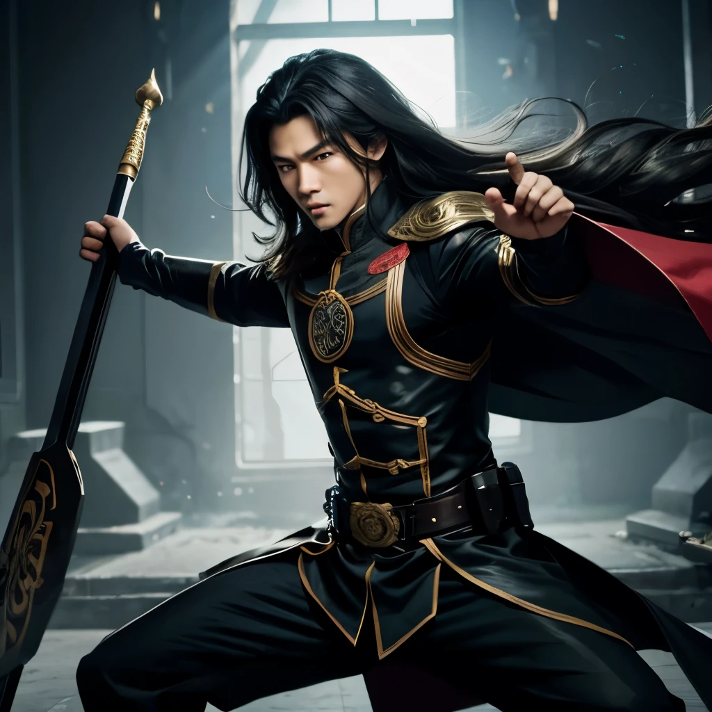 Chinese boy with long wavy hair in a black heroic costume doing a combat stance