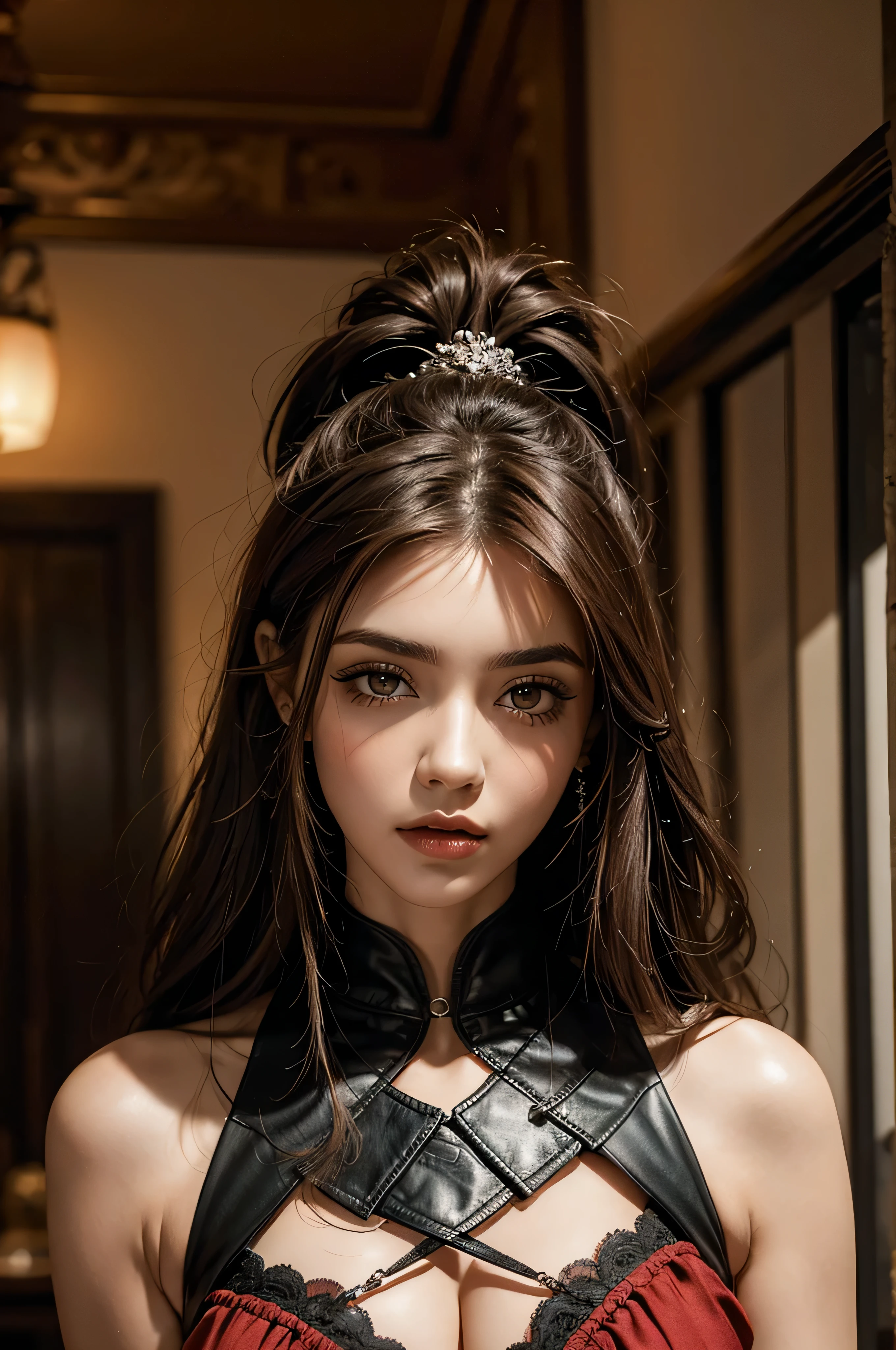 retrato de medio cuerpo, mujer adulta voluptuosa, aretes de cruz invertida, cabello largo y ondulado con fleco asimetrico, cabello pelirrojo, muy atractiva, corset negro con cierre frontal y detalles de cadenas a los lados, chaqueta de cuero rockera, cara frontal, maquillaje gotico de tonalidades rojizas oscuras, labial de color rojo oscuro, pechos grandes, muy detallado