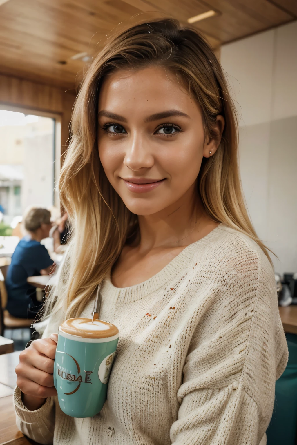 Beautiful blonde woman in beige sweater posing for the camera (Sipping coffee in a modern café ), muito detalhado, 47 anos, rosto inocente, Cabelo Liso Natural, rei, olhos azuis, high resolution, obra de arte, Melhor qualidade, detalhes intrincados, altamente detalhado, sharp focus, pele detalhada, realistic skin textura, textura, olhos detalhados, profissional, 4K, adorable smile, filmado em Canon, 85 mm, profundidade superficial de campo, kodak vision color, um corpo em forma perfeita, extremamente detalhado, uma foto de um_\(ultra\), Fotorrealista, realista, post-processed, maximum detail, rugosidade, Vida real, ultra realista, Foto Realismo, photographic, 8k hd, photographic