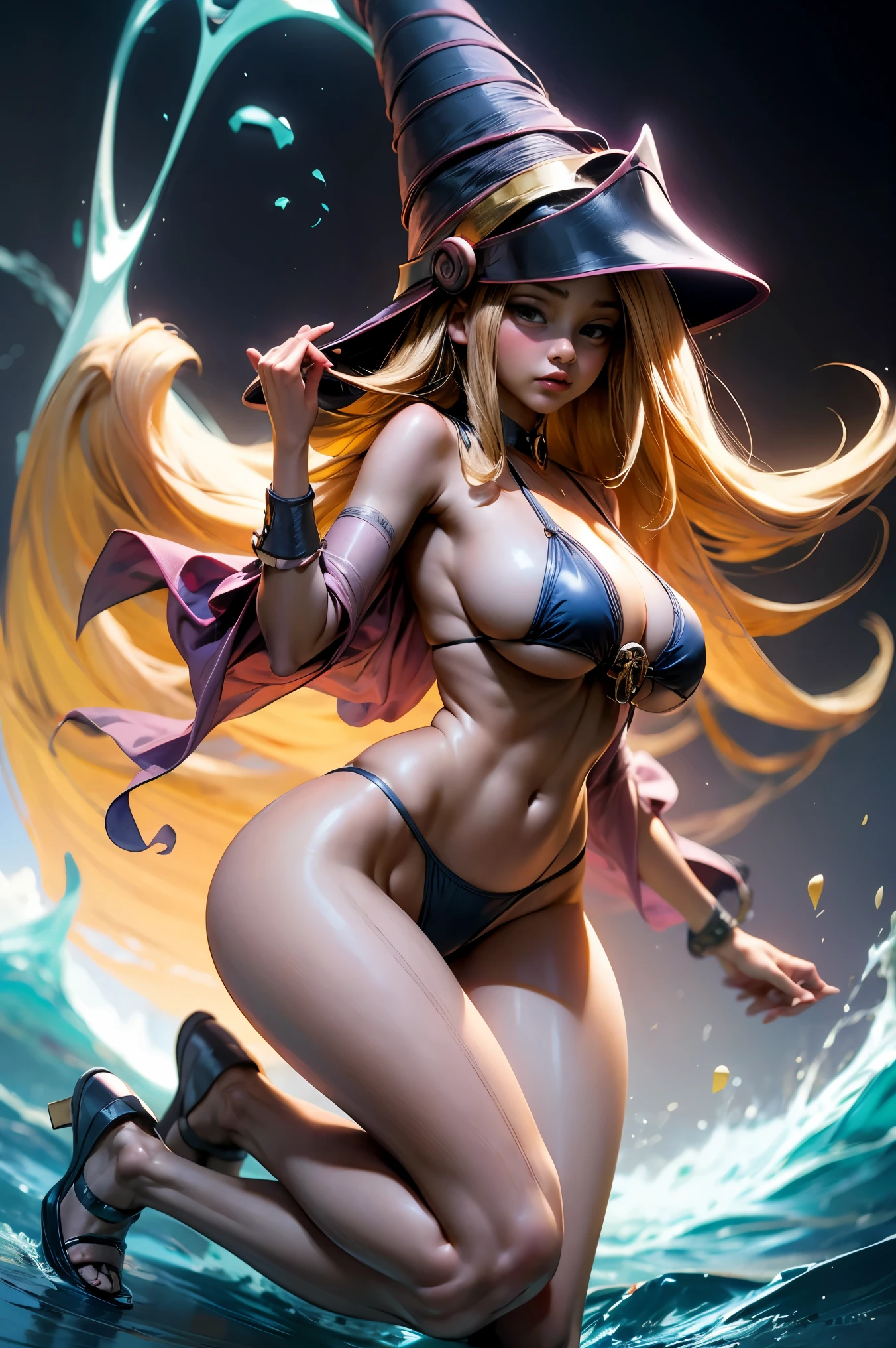 (Obra maestra:1.2), (La mejor calidad:1.2), perfect lighting, Chica Maga Oscura lanzando un hechizo, flotando en el aire, tetas grandes, escote, fondo de magia. Corazones transparente en el hambiente, bata azul, sombrero grande, desde arriba, Destellos, Yugioh Card en el fondo. En tacones y en bikini