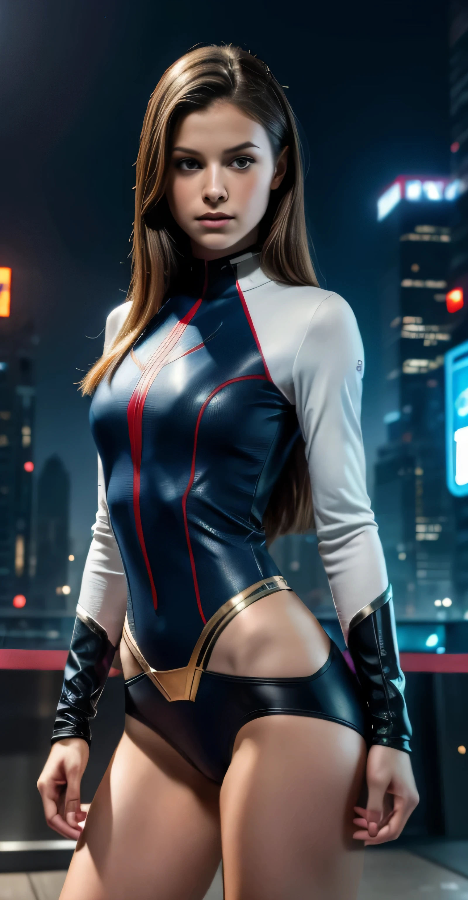 ((masterpiece, 8K, 3D, Realistic, Super Detail)), (1girl:1.3), slender 17 age, Ultra Micro photography, Super realistic, Perfect face, Beautiful features, ((Perfect female body)) Beautiful features, ( body), ((small hip)), Melissa Benoist wear 2 piece white Spider-Man suit, , Futuristic soldier, ((Exposed thigh)), Exposed Skin, Front Full body Shot, full body portrait, futuristic city background

