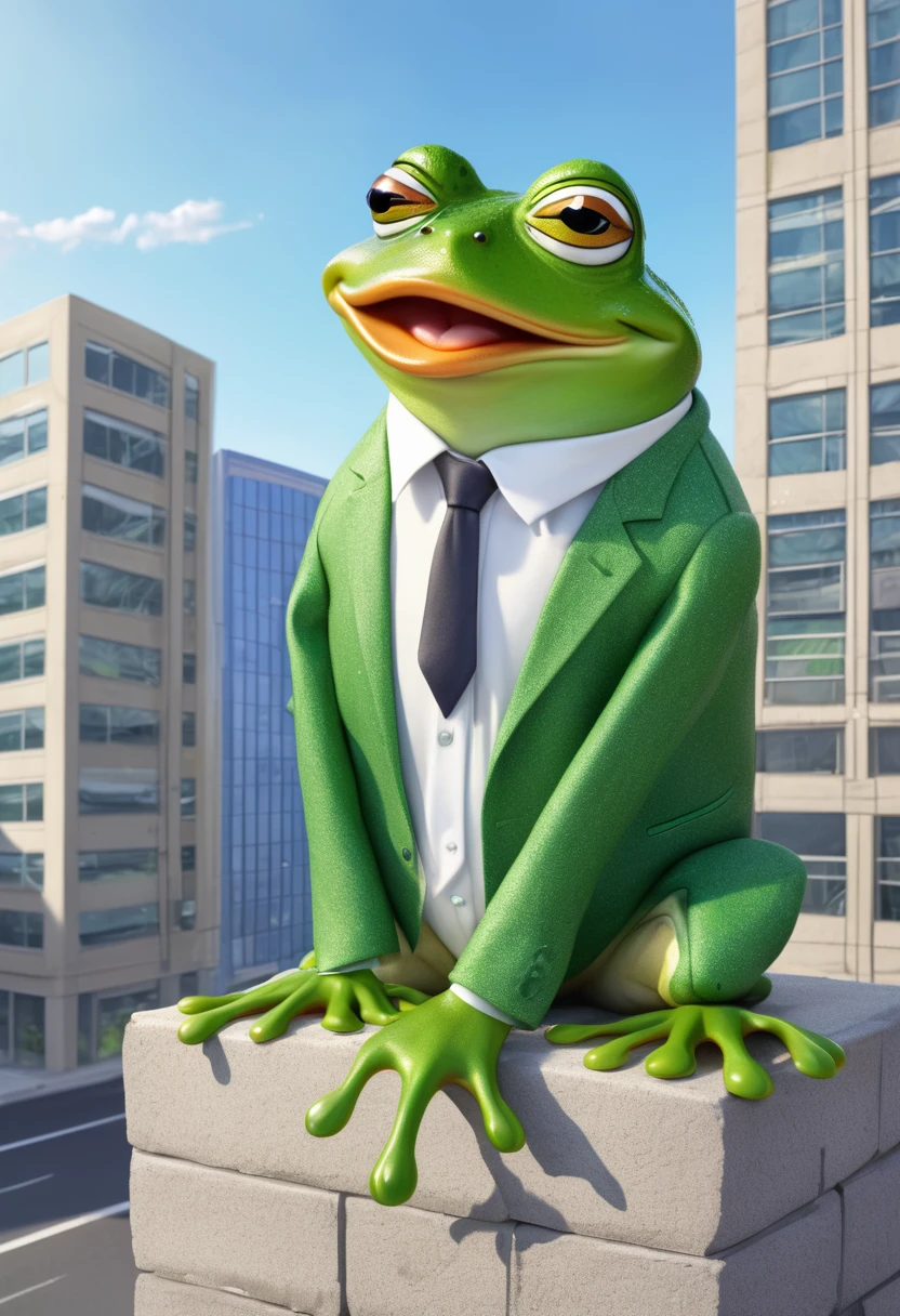 A zaney cartoon frog is dressed for a day of work in the office, along the way he leans on a block building and has a big cry, tears roll down his face