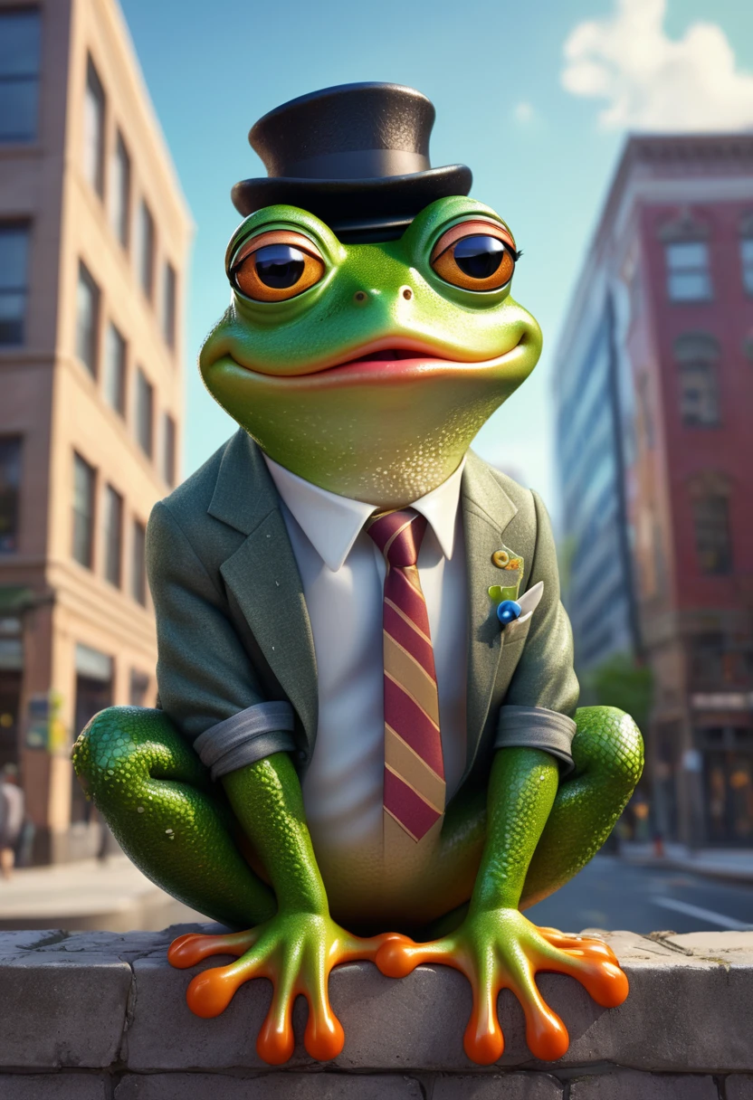 A zaney cartoon frog,dressed for a day of work in the office,leaning on a block building and crying tears rolling down his face,having extremely detailed big eyes and detailed lips,ultra-detailed appearance and expression,beautifully colored in vivid tones,HDR lighting,depicted in a vibrant 2D illustration style,with a quirky and whimsical touch,conveying a sense of humor and playfulness.