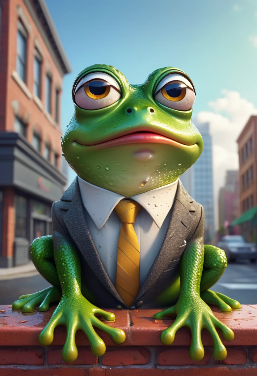 A zaney cartoon frog,dressed for a day of work in the office,leaning on a block building and crying tears rolling down his face,having extremely detailed big eyes and detailed lips,ultra-detailed appearance and expression,beautifully colored in vivid tones,HDR lighting,depicted in a vibrant 2D illustration style,with a quirky and whimsical touch,conveying a sense of humor and playfulness.