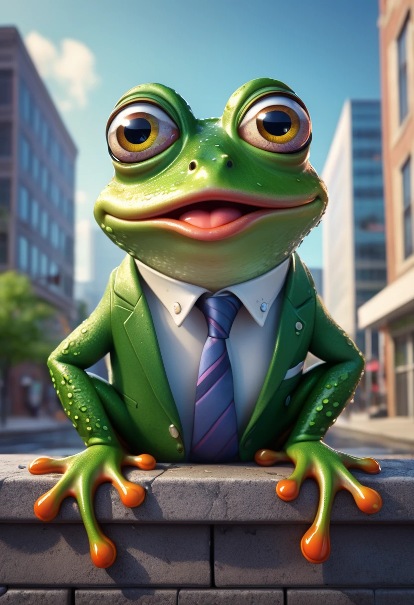 A zaney cartoon frog,dressed for a day of work in the office,leaning on a block building and crying tears rolling down his face,having extremely detailed big eyes and detailed lips,ultra-detailed appearance and expression,beautifully colored in vivid tones,HDR lighting,depicted in a vibrant 2D illustration style,with a quirky and whimsical touch,conveying a sense of humor and playfulness.