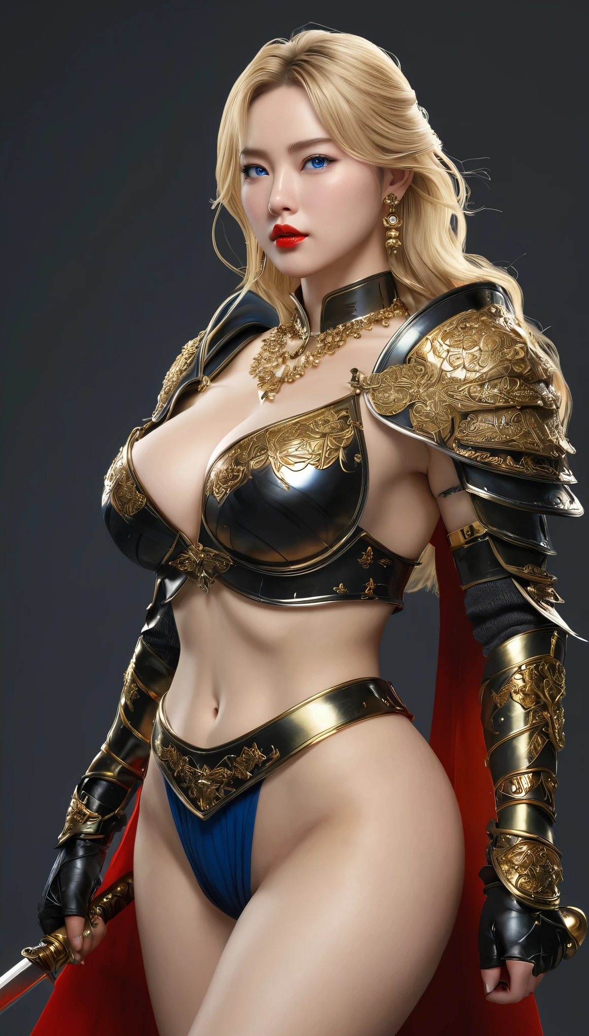 masterpiece,highest quality,higher rank,(womanの変態_woman:1),(naked:1.3), (35歳のWoman warrior:1.3),、big and full breasts,very big breasts,big breasts,belly button,hyper real,中世ヨーロッパの都市のbattlefieldにいる,No expression,、イギリス人woman、Delicate skin texture to the smallest detail 、(detailed blue eyes)、(Chubby body type))、(very big big)、中年woman、(ふわふわblondeの長い髪)、Wheat tanned skin、(blonde)、very big big、European Woman warrior、big breastsの谷間、richly decorated gold armor、medieval witch、High leg、Long gold boots with fancy decorations、plunging neckline、Fine gold and jewelry necklaces and collars、Large gold earrings、bright red lips、long gloves with ornate gold armor、he has a big and long sword、The sword is decorated with flashy decorations..、The blade of the sword is jet black、(Woman warrior)、(battlefield)、