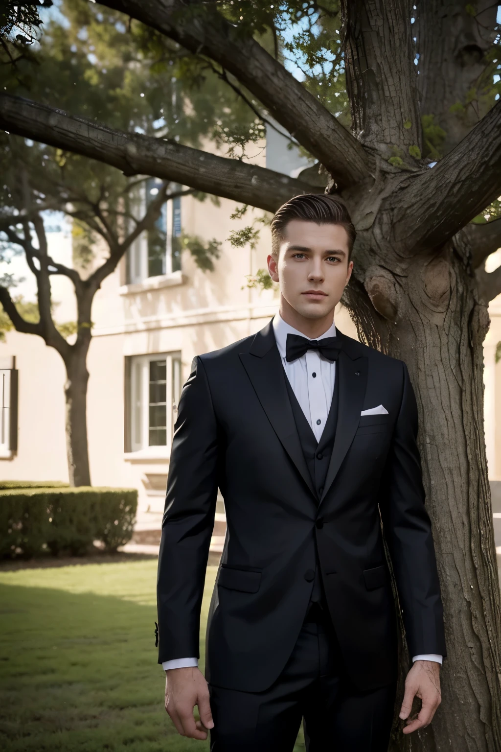 Handsome guy and beautiful girl, standing, full body Ultra-realistic detailed rendering, wearing a suit with black tie  , with his whole body visible, straight short hair,standing beside the tree, and with a tree behind him, and with a little light