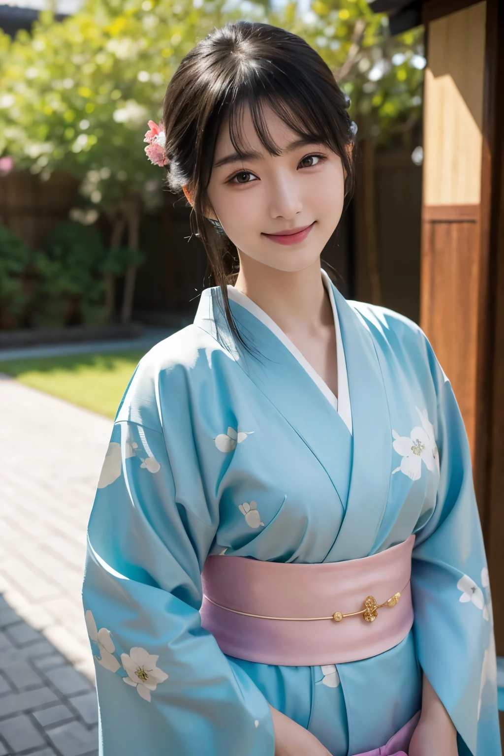 （kimono）、Random pose、(top quality,​Masterpiece:1.3,ultra high resolution,),(super detailed,Caustics),(realism:1.4,Original photography,)Ultra-realistic capture,a very detailed,High resolution 16k human skin closeup、 natural skin texture、、Skin looks healthy and even-toned、 Use natural light and color,1 girl,Japanese,kawaii,A black-haired one,Zhongfa,,Smile,,(depth of field、Color difference、、Wide lighting range、natural shadow、)、