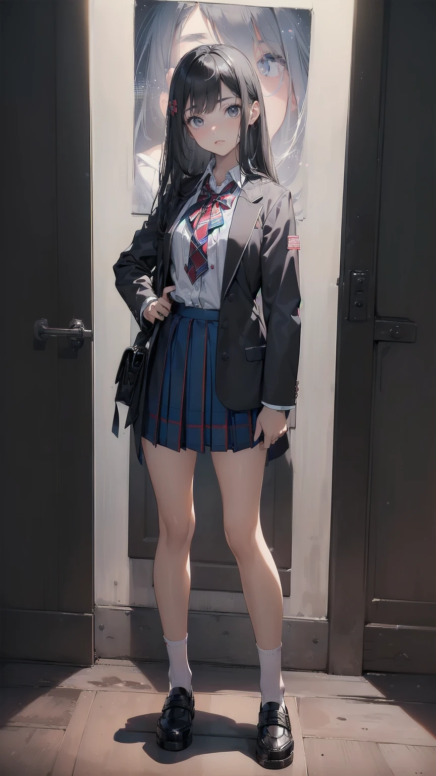 masterpiece, best quality, 1girl, solo, ((top quality, ultra-detailed)), ((high resolution, extremely detailed CG, unity 8k wallpaper, by famous artist, perfect anatomy, super detailed skin, cinematic lighting, UHD, retina, anatomically correct, 1080P)), (Please draw a single one rude girl walking in a classroom school:1.3), ((1girl)), (Solo, face,16-year-old:2.0), a high school student, ((full black hair)) ((long bob hairstyle)) ((blunt short bang, micro bangs with medium hair)), ((long hair, straight hair fallen down and still hair)) Full limbs, complete fingers, ((perfect fingers, perfect arms)), ((detailed face)) ((sad face)), medium chest, medium butt, ((Beautiful detailed full black eyes)), ((black eyes)) perfect eyes, ((american blazer)) ((white blouse with formal collar)), ((blue blazer)), ((opened blazer)), ((blue skirt)), ((blue plaid skirt with red lines)), ((red plaid bow on the blouse)), ((white socks)), (Detailed Lighting), (Detailed background), ((realistic lighting)), ((in the school zone)), full body view, standing, single girl (one girl), ((full body view)) ((Background is the school)), ((front body)), ((full body)) ((standing)) ((detailed perfect face)) ((classroom))
