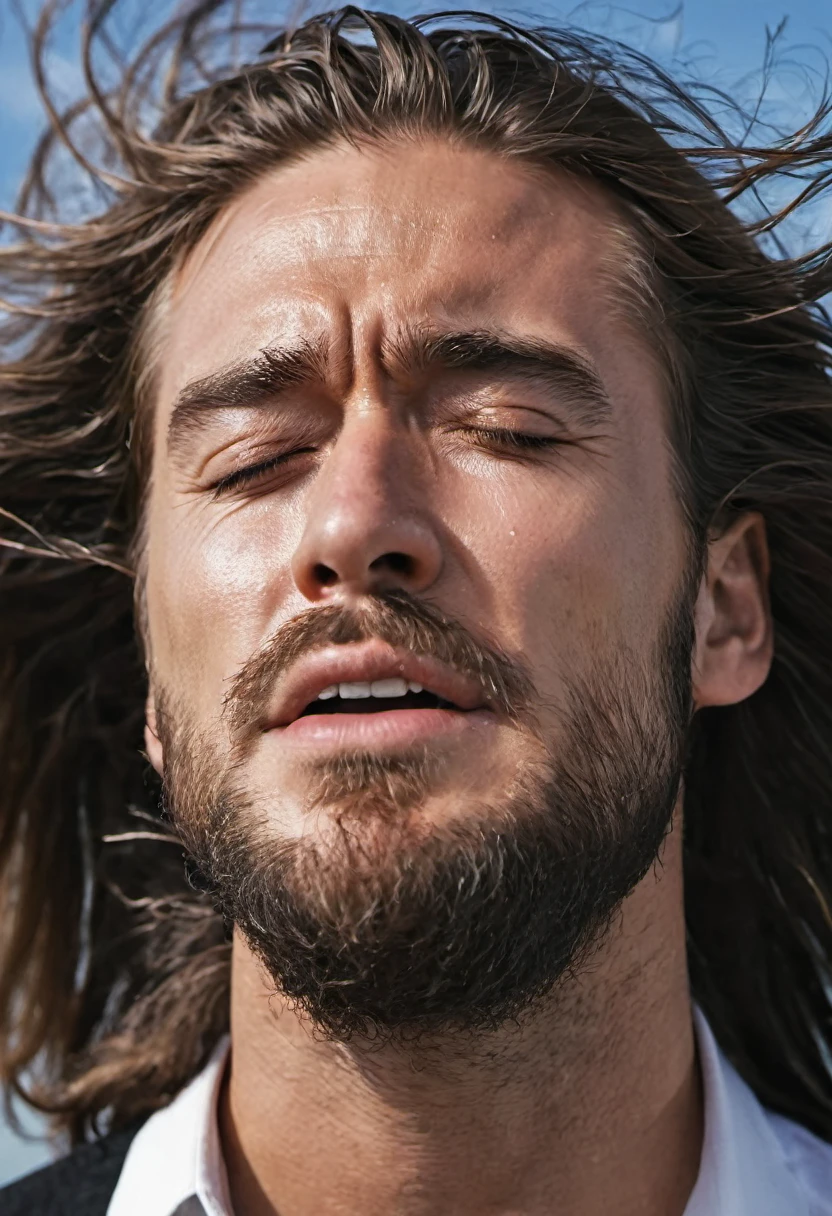 Close up of a very beautiful man's face, the wind is blowing his long lustrous hair, he is crying