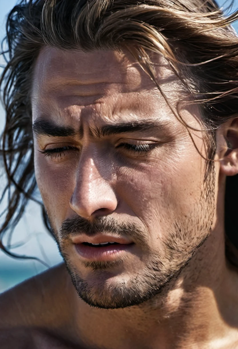 Close up of a very beautiful man's face, the wind is blowing his long lustrous hair, he is crying