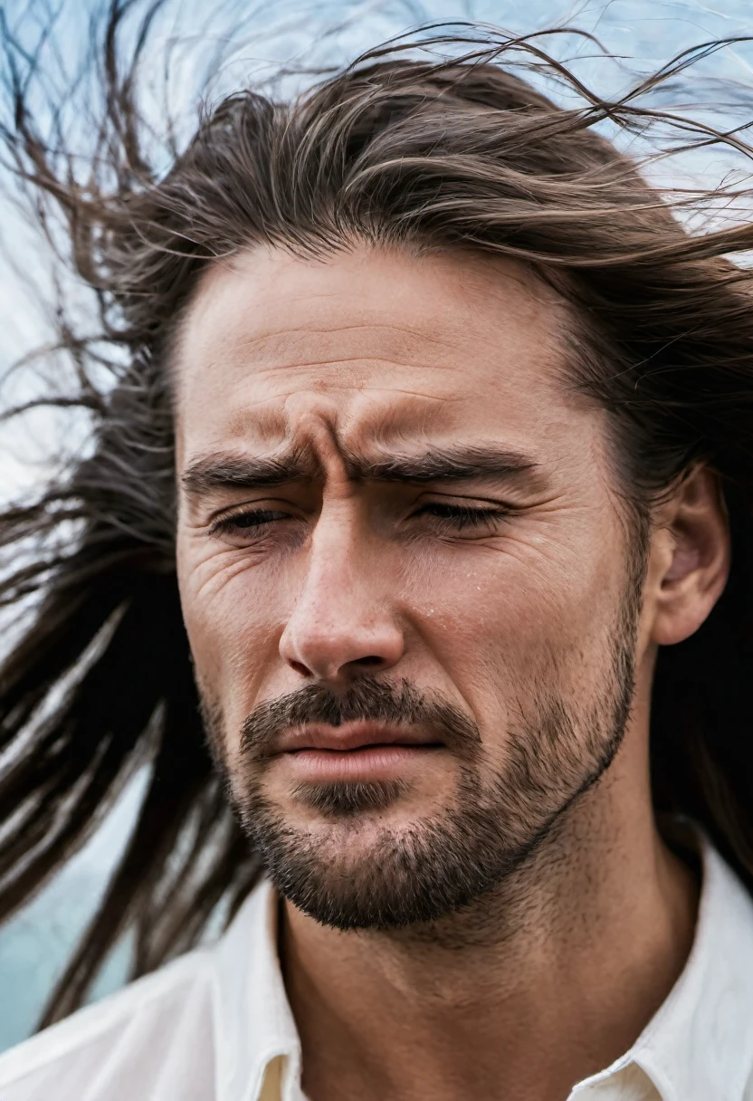 Close up of a very beautiful man's face, the wind is blowing his long lustrous hair, he is crying