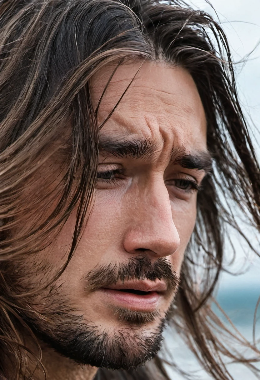 Close up of a very beautiful man's face, the wind is blowing his long lustrous hair, he is crying