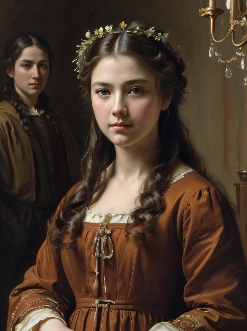 ((masterpiece、highest quality、Super detailed、High resolution、sharp focus、cinematic lighting))、(1 female、middle shot、face light))、western girl portrait、noble clothes、middle ages、Classicism、analog、realistic painting、Fine art、oil on canvas、original character、focus on face、Detailed depiction of hands、flower painting hanging on the wall、((view audience))