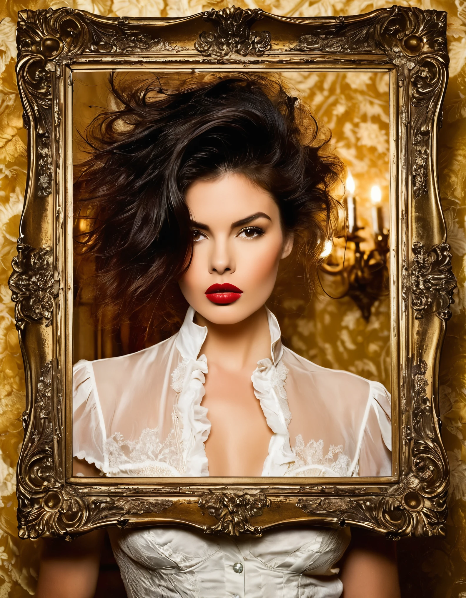 A provocative image of a woman with tousled hair and a sultry expression, surrounded by elegant vintage frames.