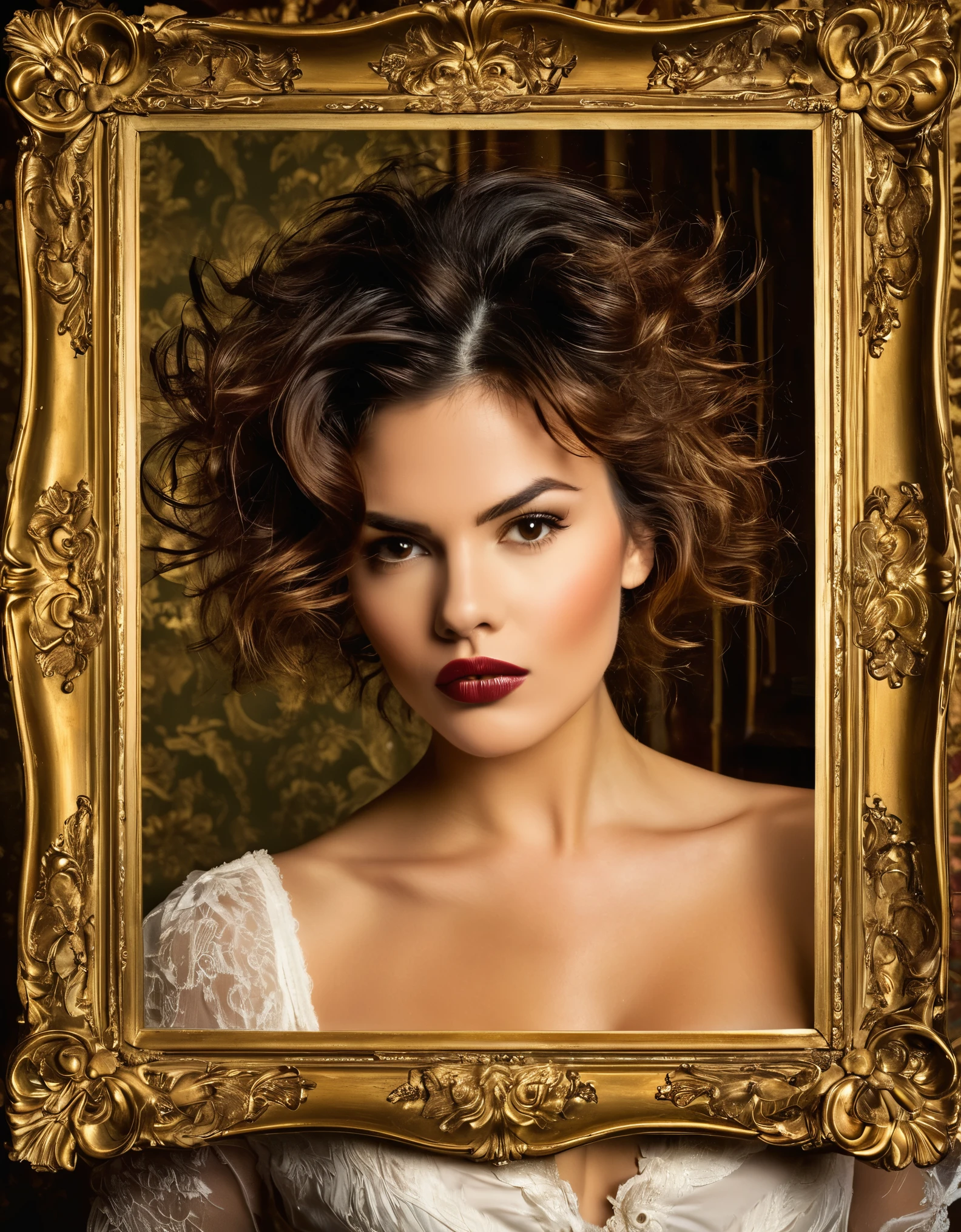 A provocative image of a woman with tousled hair and a sultry expression, surrounded by elegant vintage frames.