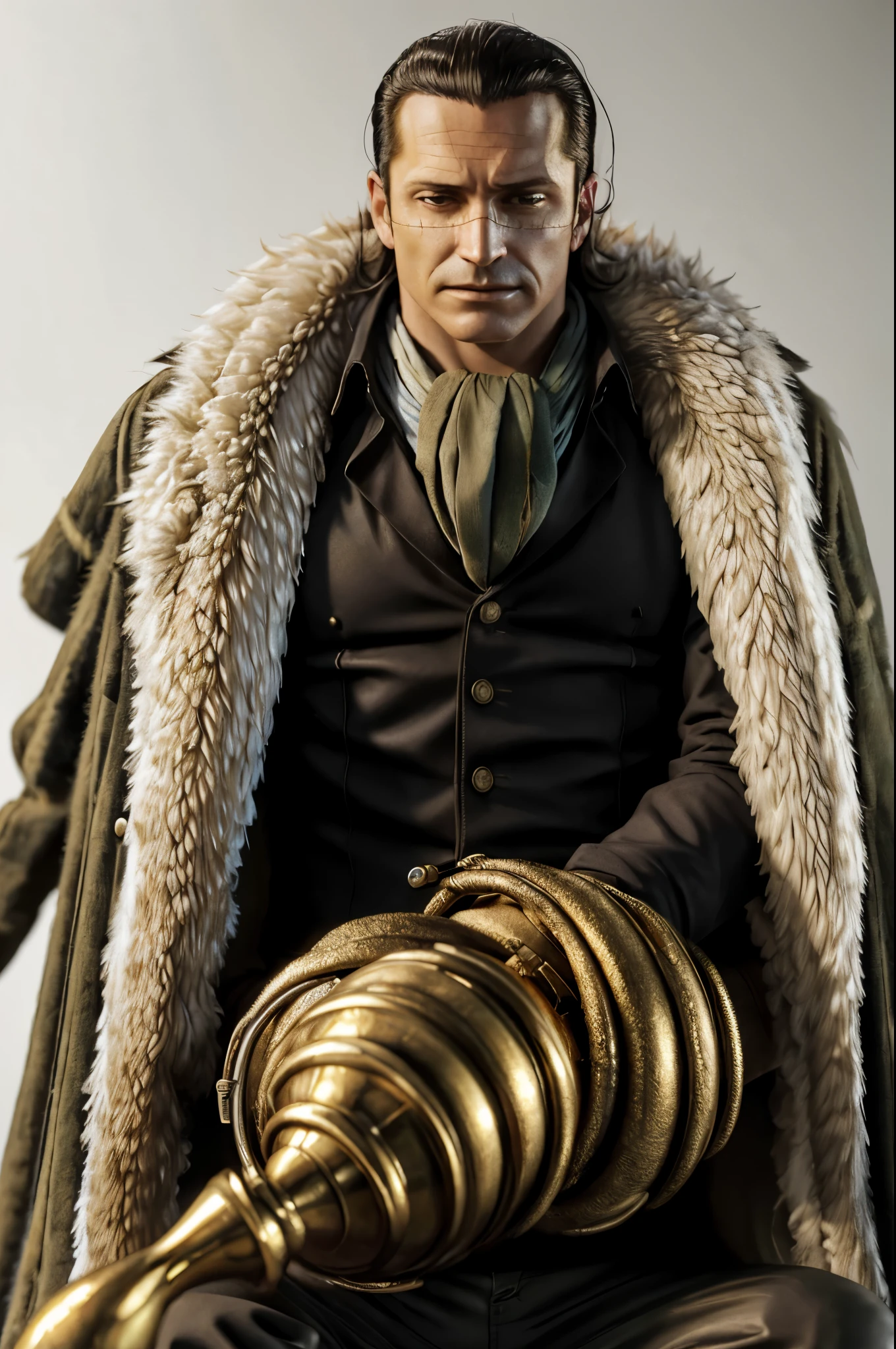 masterpiece, best quality, extremely detailed, hyperrealistic, photorealistic, a cool 40s man, ultra detailed face:1.2, fur-trimmed coat, scarf around the neck, his left hand is a golden pirate hook:1.1, sitting, white background